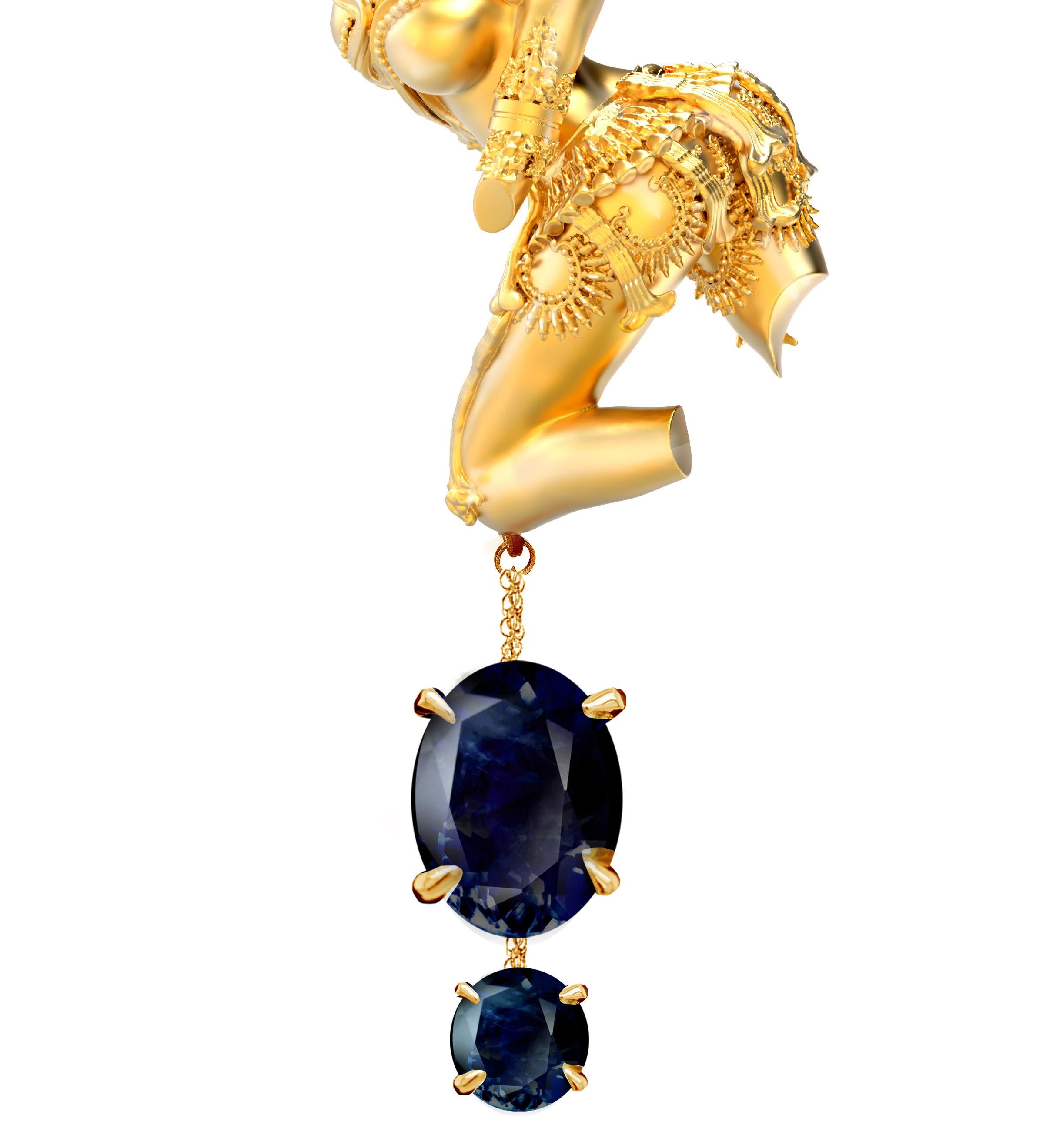 Oval Cut Eighteen Karat Yellow Gold Dakini Pendant Necklace with Dark Blue Sapphire For Sale
