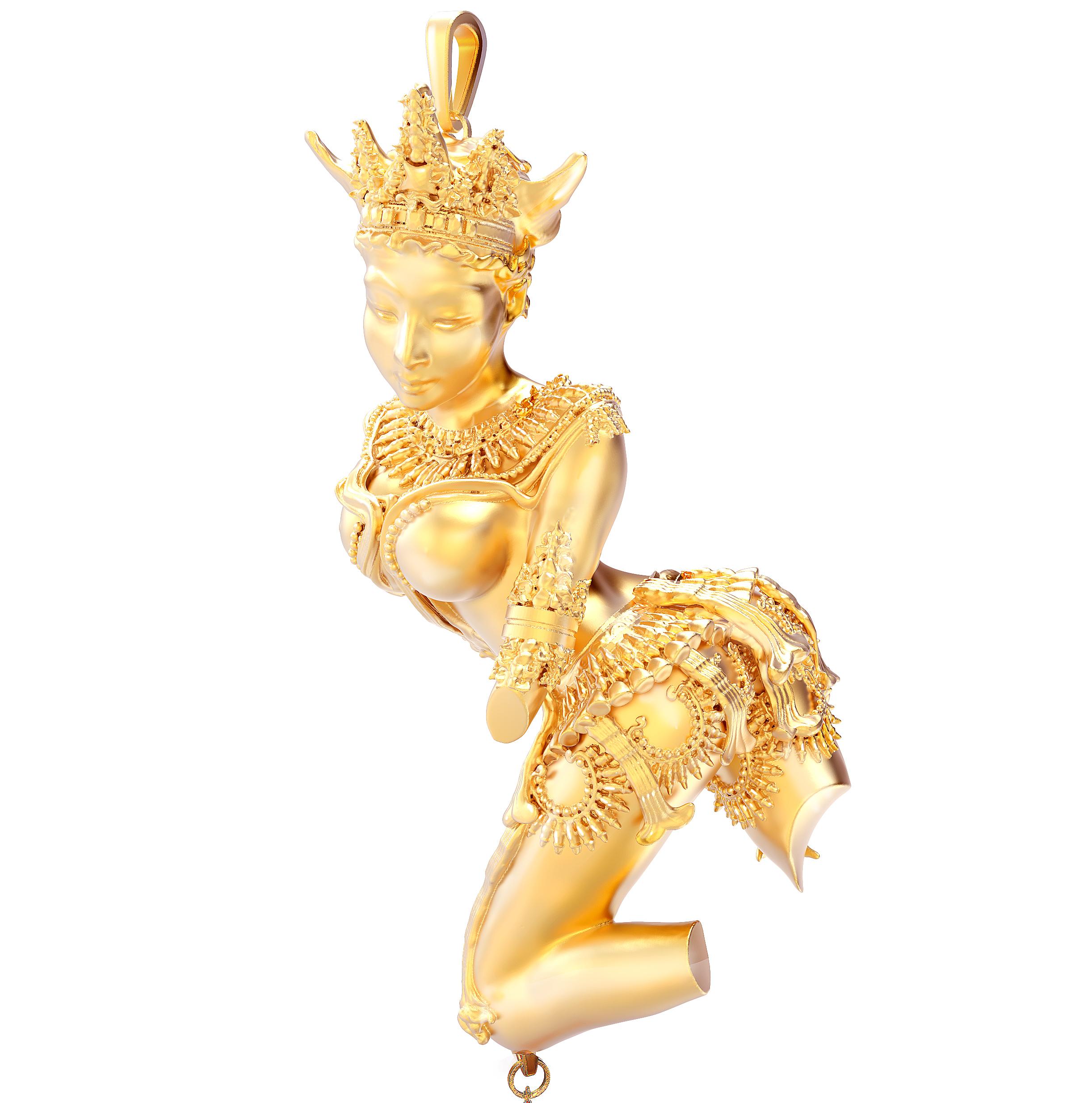 Oval Cut Eighteen Karat Yellow Gold Dakini Pendant Necklace with Dark Blue Sapphire For Sale