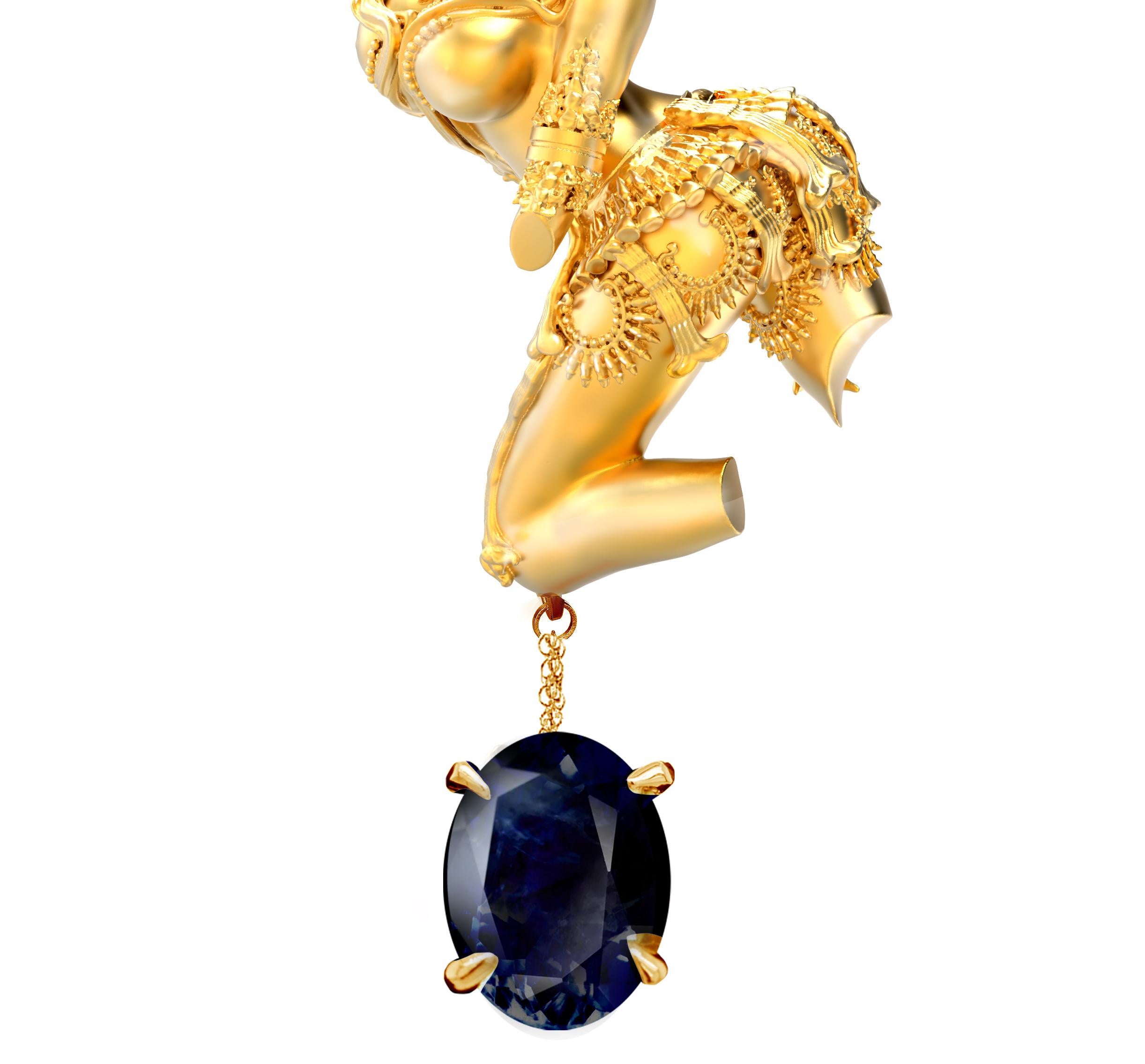 Women's or Men's Eighteen Karat Yellow Gold Dakini Pendant Necklace with Dark Blue Sapphire For Sale