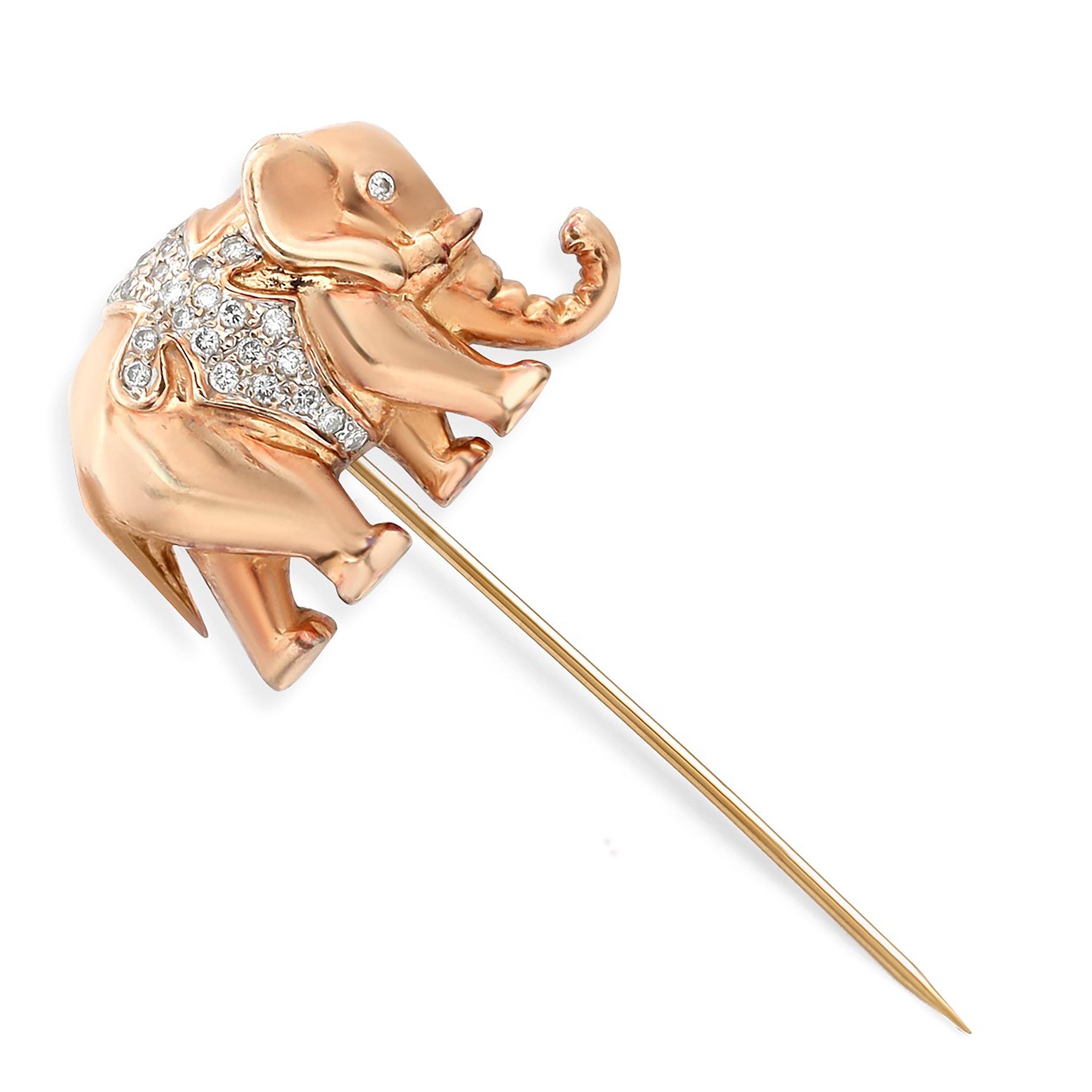 Modernist Eighteen Karat Yellow Gold Diamond Elephant Stick Pin Brooch