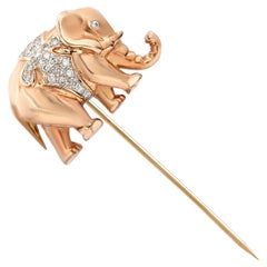 Eighteen Karat Yellow Gold Diamond Elephant Stick Pin Brooch