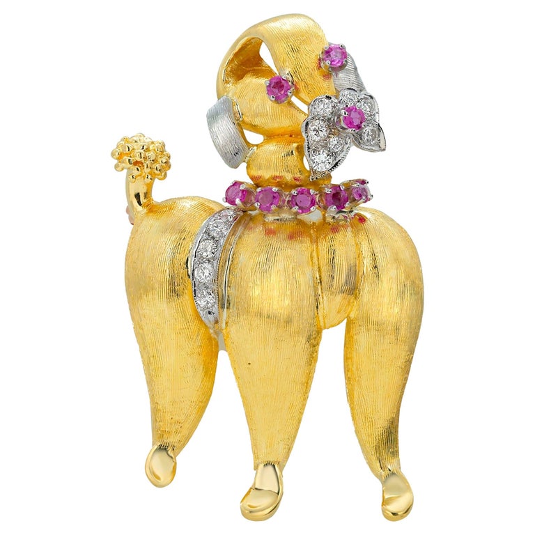 Eighteen Karat Yellow Gold Diamond Pink Ruby Poodle Dog Brooch For Sale at  1stDibs