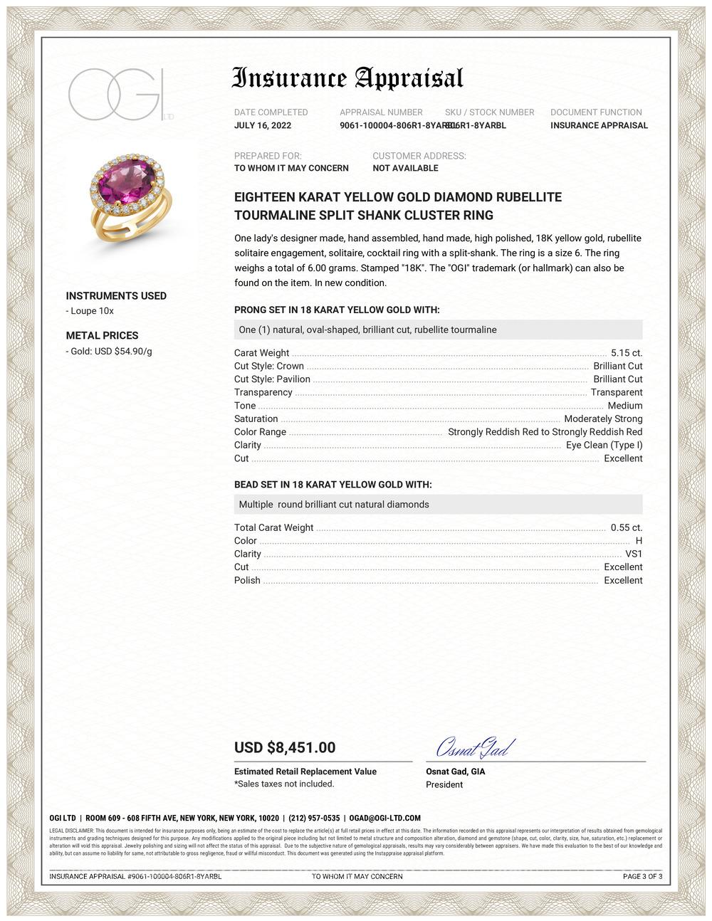 18 karat yellow gold double split shank cocktail ring
Diamonds weighing 0.55 carats
One natural cushion oval shaped rubellite weighing 5.15 carats
Rubellite is of deep rose red tone and almost flawless stone
Ring size 6 
Ring cannot be sized, or