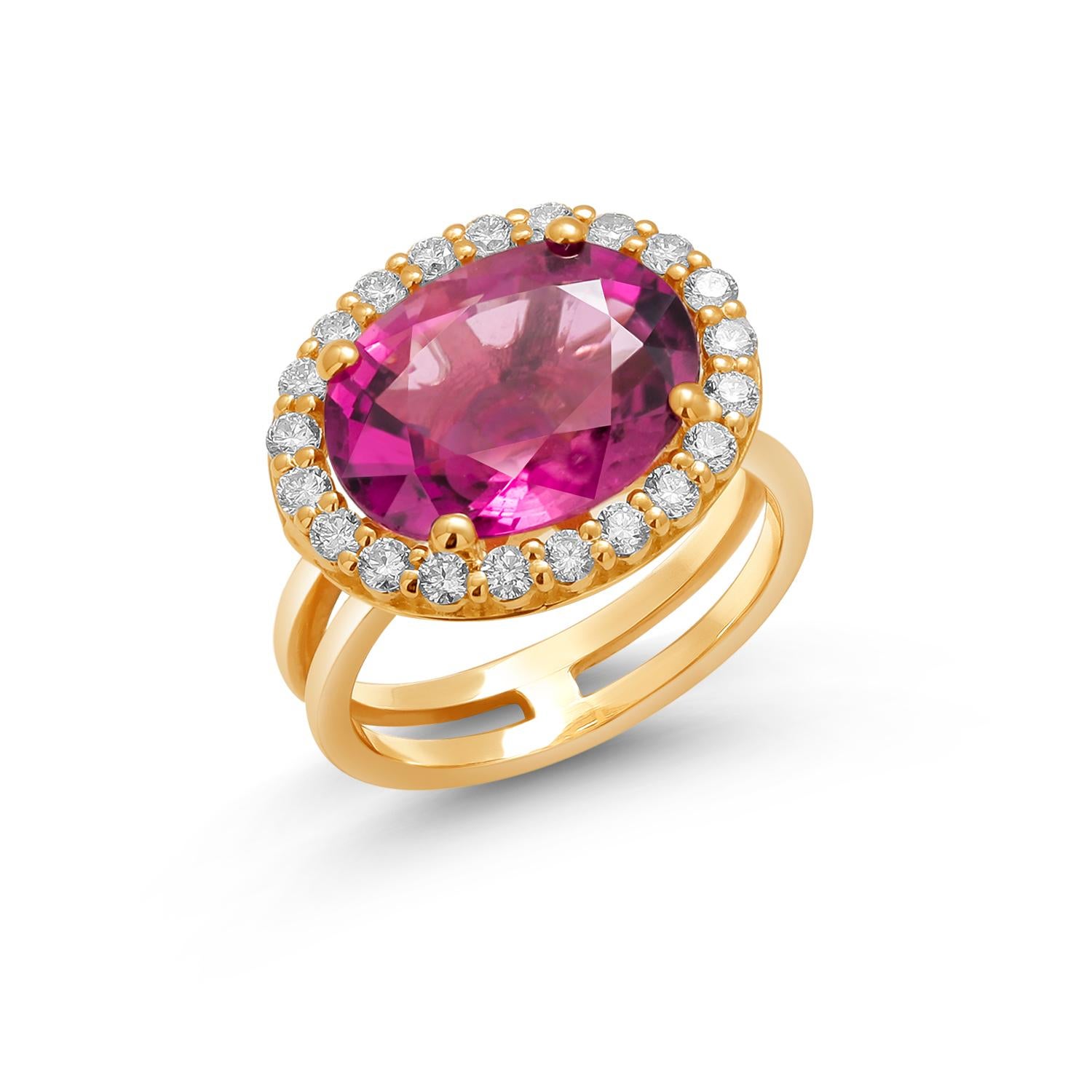 Women's Eighteen Karat Yellow Gold Diamond Rubellite Tourmaline Split Shank Cluster Ring