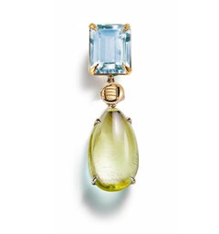 Eighteen Karat Yellow Gold Drop Brooch with Cabochon Peridot and Topaz