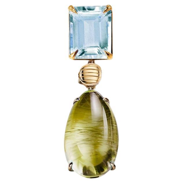 Broche de gota de oro amarillo de dieciocho quilates con cabujón de peridoto y topacio