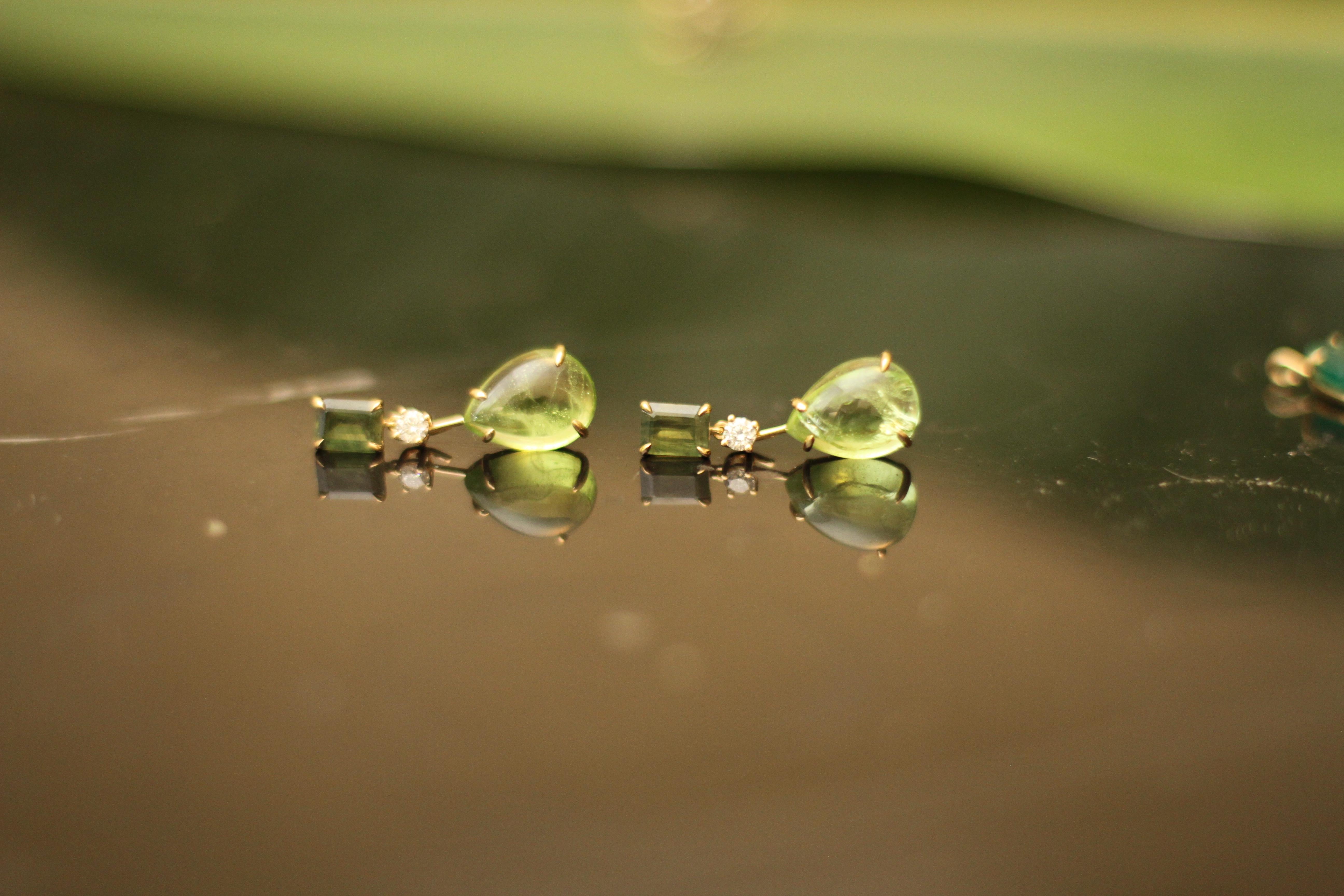 Broche de gota de oro amarillo de dieciocho quilates con peridoto y prasiolita en venta 6