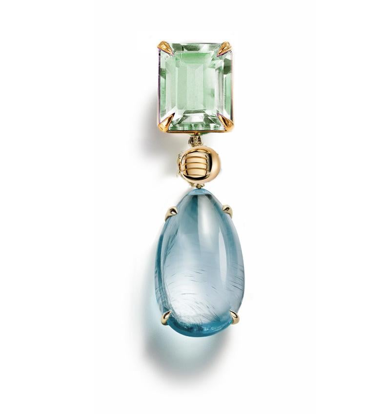 Contemporary Eighteen Karat Yellow Gold Drop Brooch with Prasiolite and Beryl For Sale