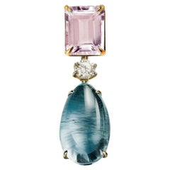 Eighteen Karat Yellow Gold Drop Brooch with Rose Quartz and Sapphire