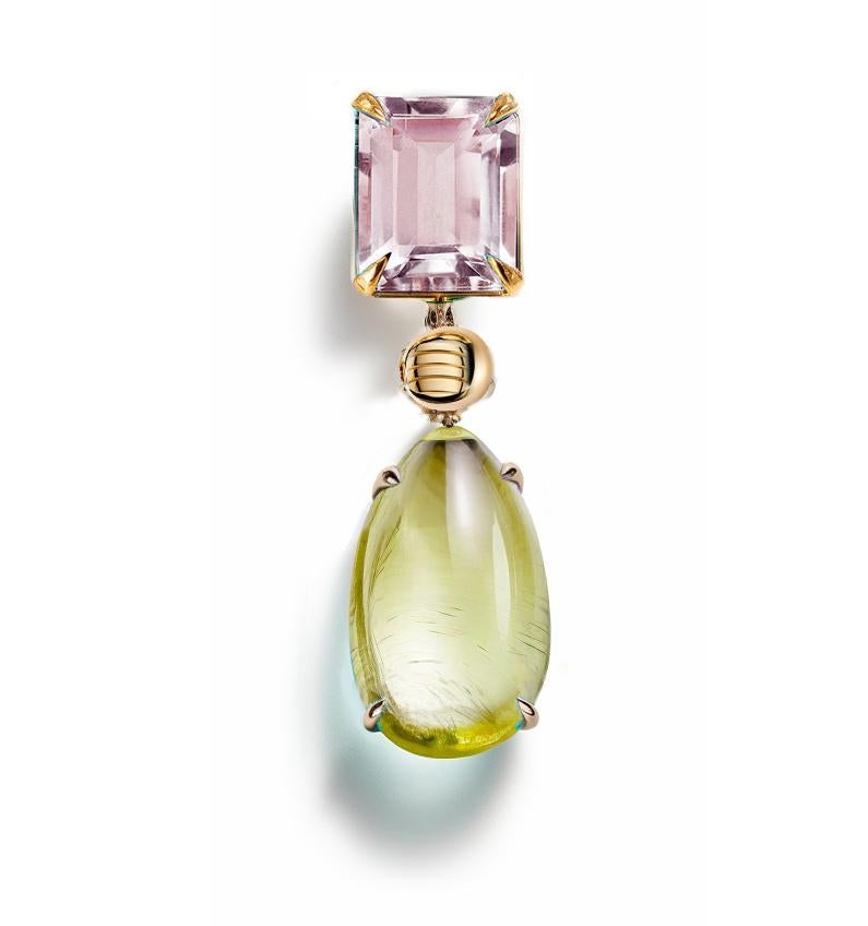 Eighteen Karat Yellow Gold Drop Brooch with Rose Quartz For Sale 7