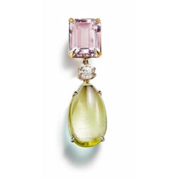 Eighteen Karat Yellow Gold Drop Brooch with Sapphire and Rose Quartz