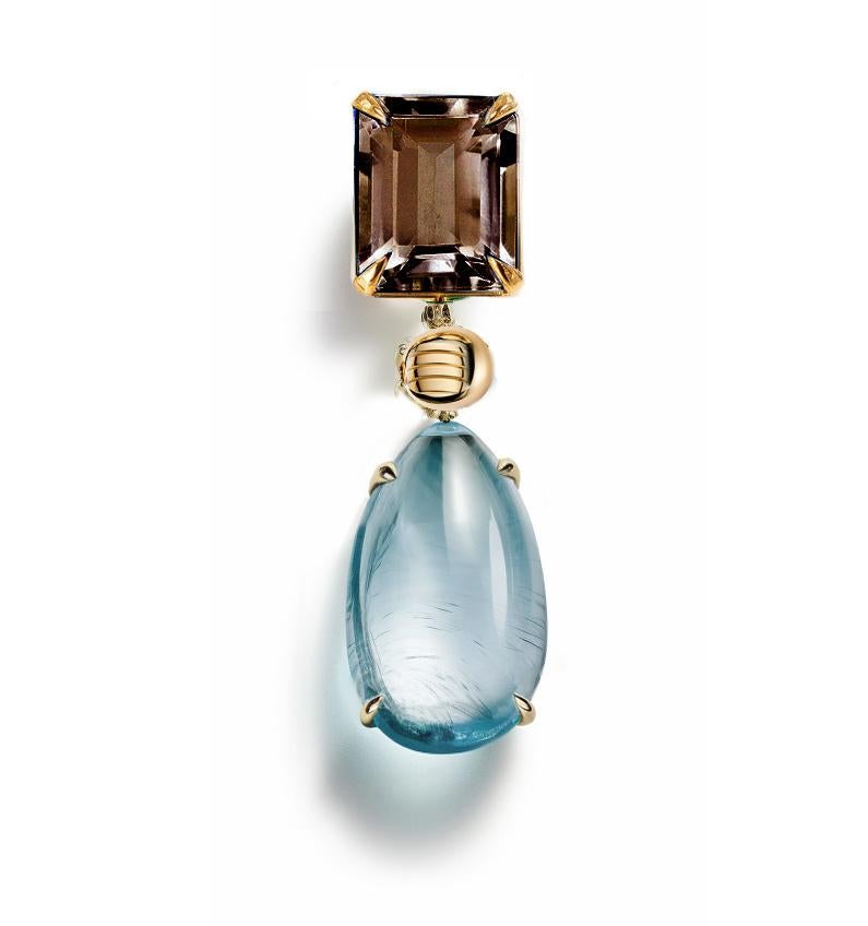 This Contemporary Brooch is made of 18 karat yellow gold with cabochon beryl and smoky quartz. It has a crocodile detail on the side of one gem.
We work with german gems company, that is in the market since the 19th century.

The piece can be