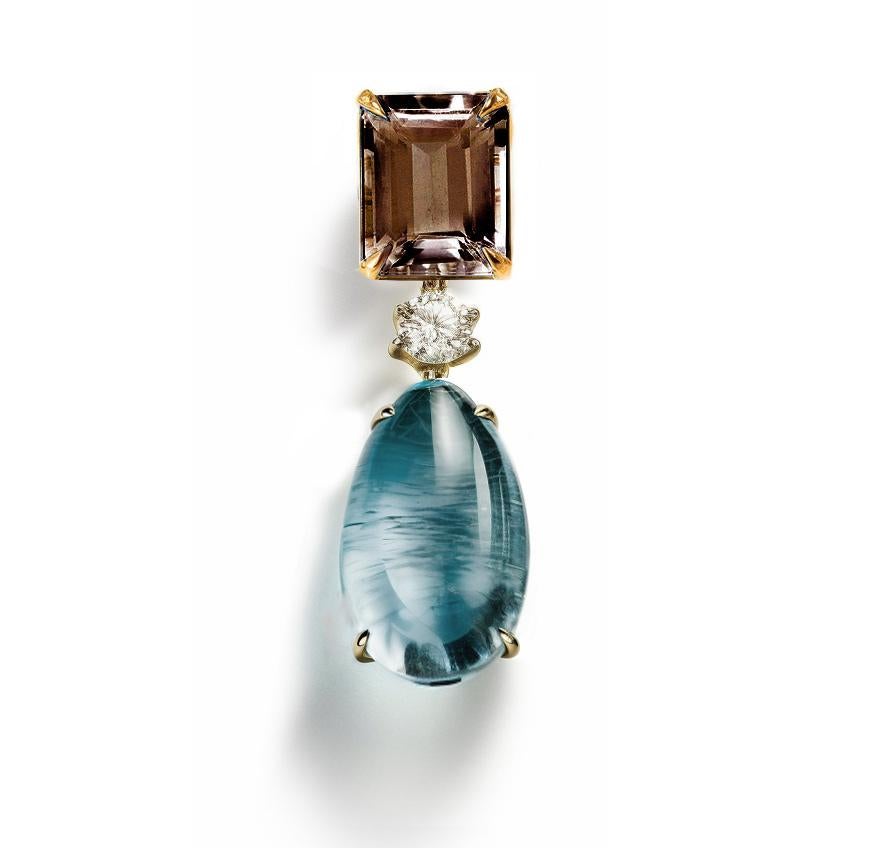 Women's Eighteen Karat Yellow Gold Drop Contemporary Brooch with Beryl and Sapphire For Sale