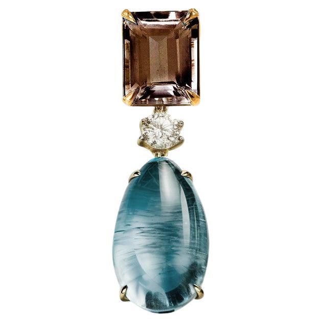 Eighteen Karat Yellow Gold Drop Contemporary Brooch with Beryl and Sapphire