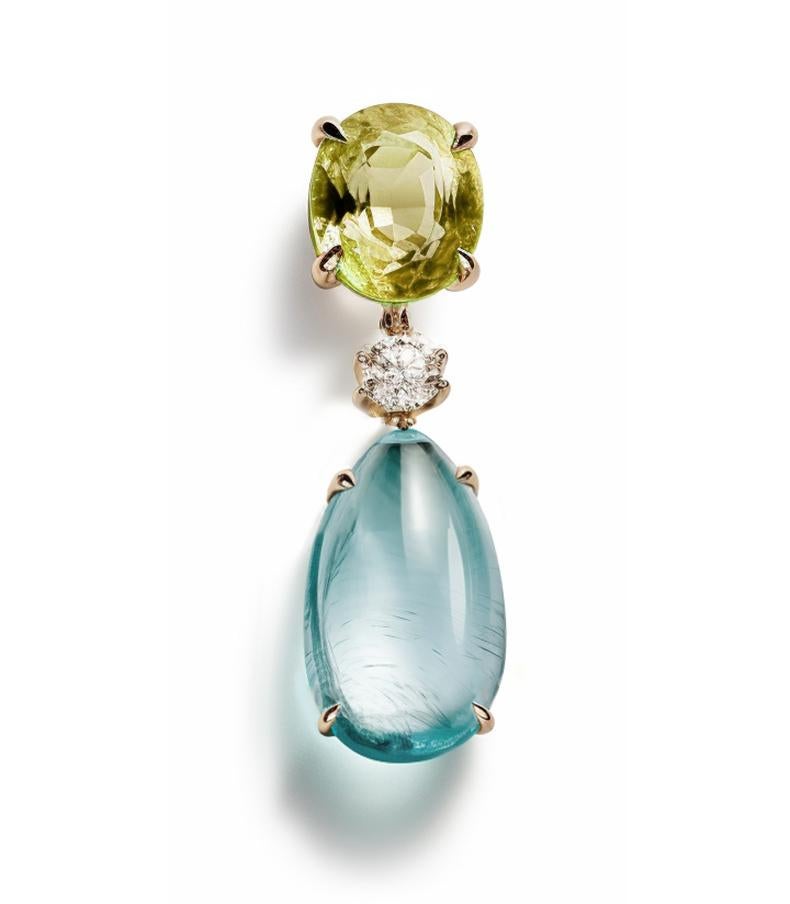 Women's Eighteen Karat Yellow Gold Drop Pendant Necklace with Beryl and Diamond For Sale