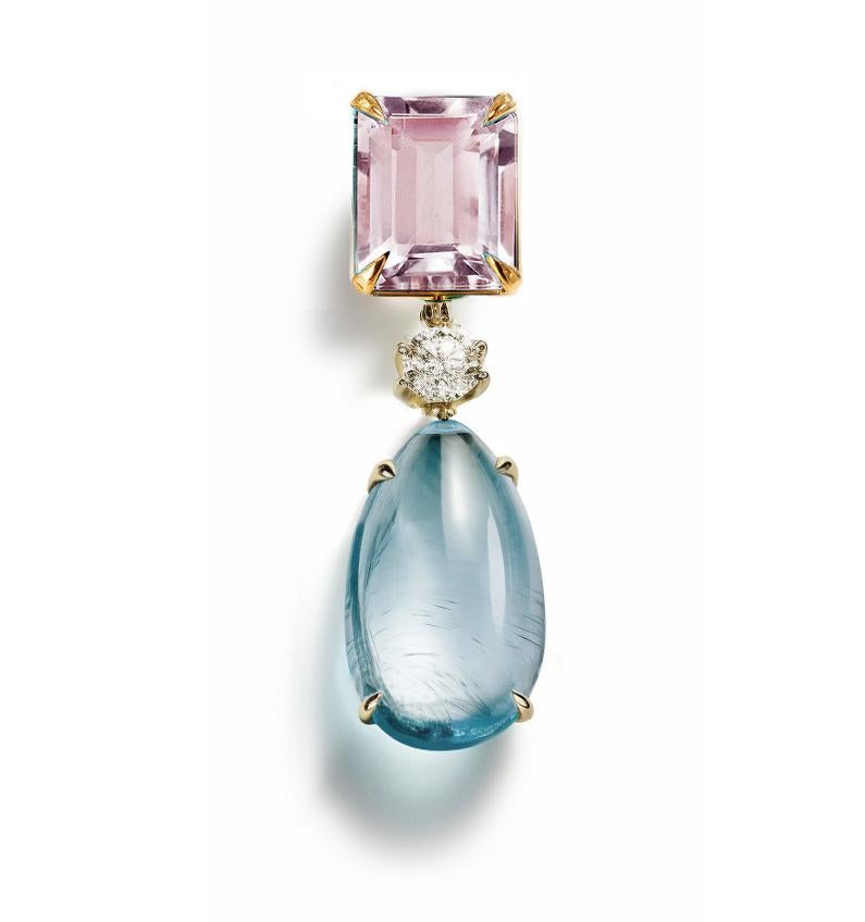 Cabochon Eighteen Karat Yellow Gold Drop Pendant Necklace with Rose Quartz and Sapphire For Sale
