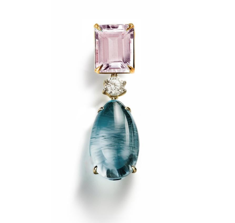 Women's Eighteen Karat Yellow Gold Drop Pendant Necklace with Rose Quartz and Sapphire For Sale