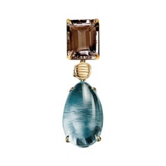 Eighteen Karat Yellow Gold Drop Pendant Necklace with Smoky Quartz and Beryl