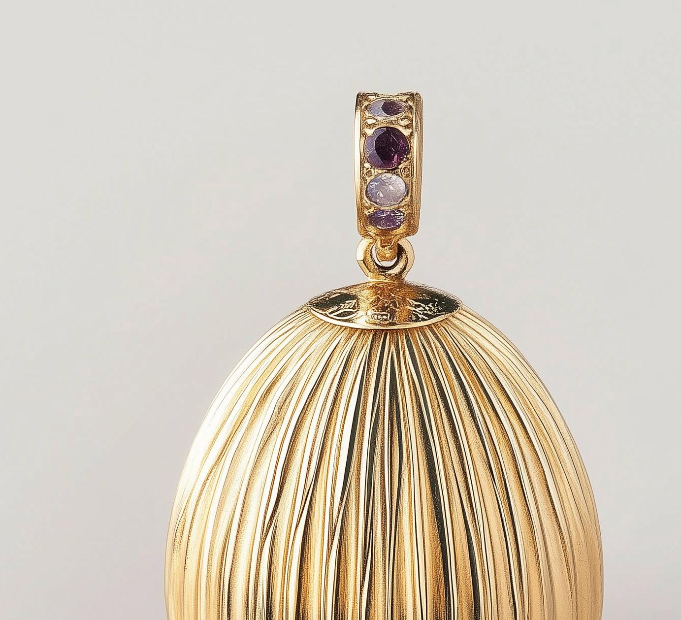 Contemporary Eighteen Karat Yellow Gold Easter Pendant with Purple Sapphires For Sale