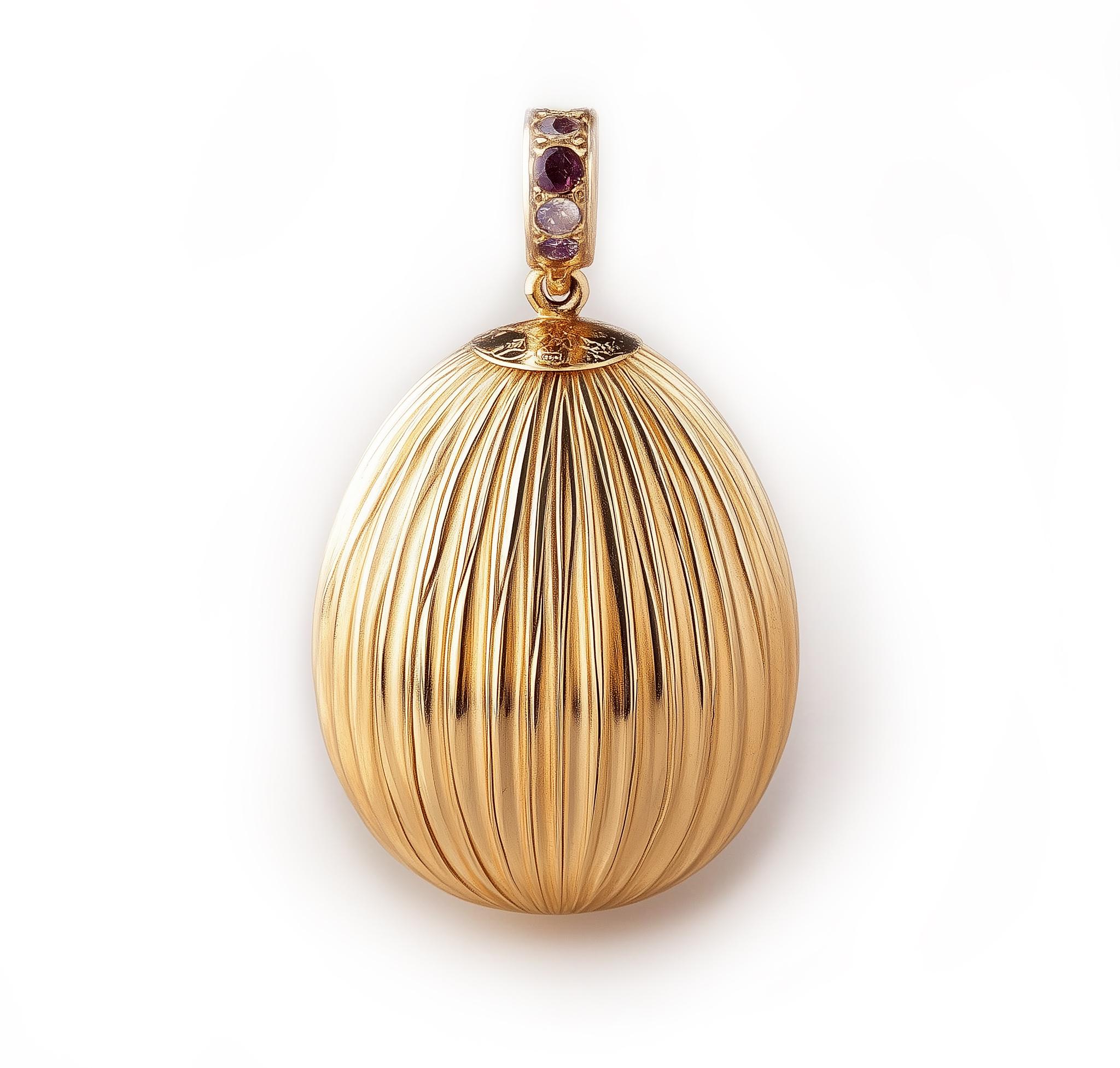 Women's Eighteen Karat Yellow Gold Easter Pendant with Purple Sapphires For Sale
