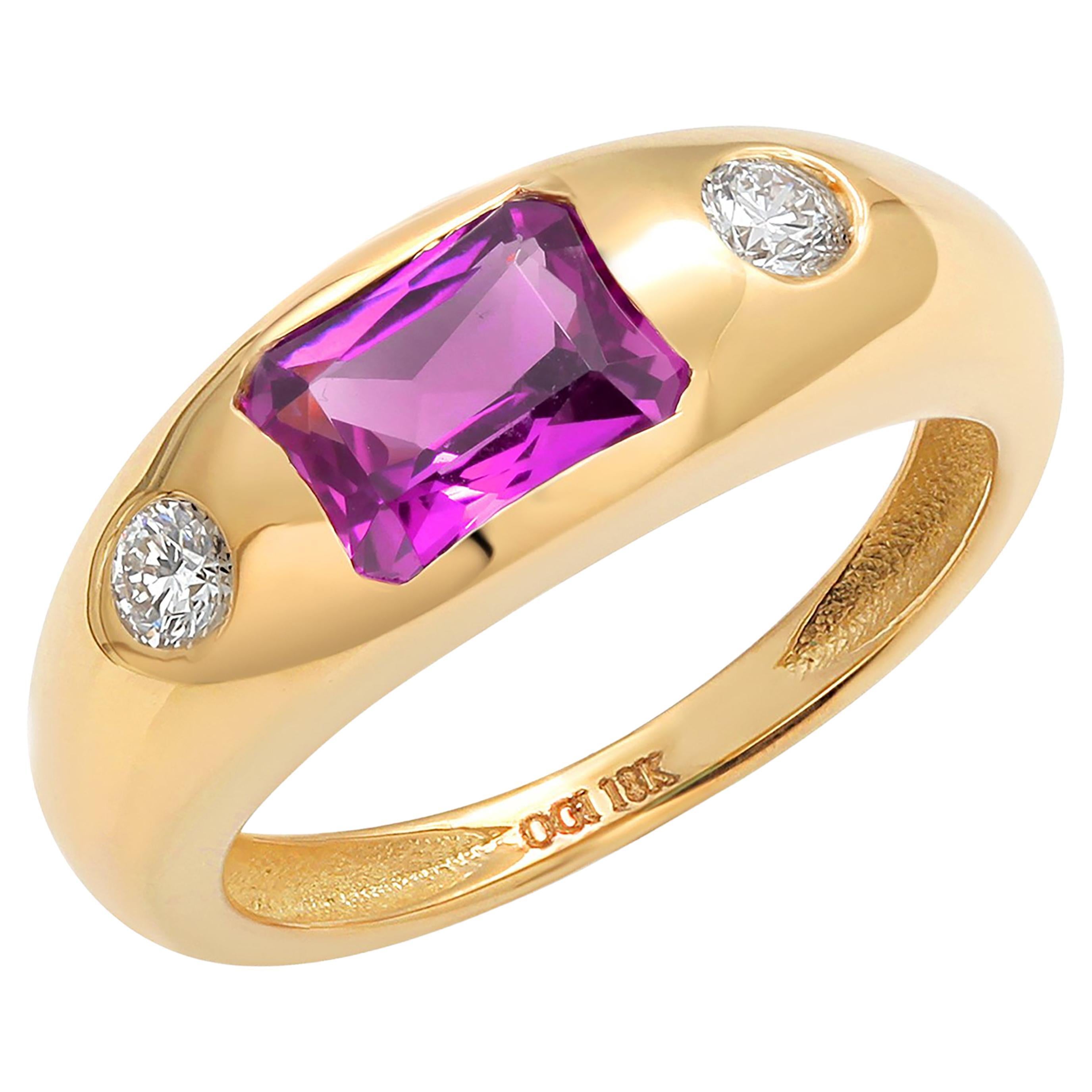 Eighteen Karat Yellow Gold Emerald Shape Pink Sapphire and Diamond Gypsy Ring