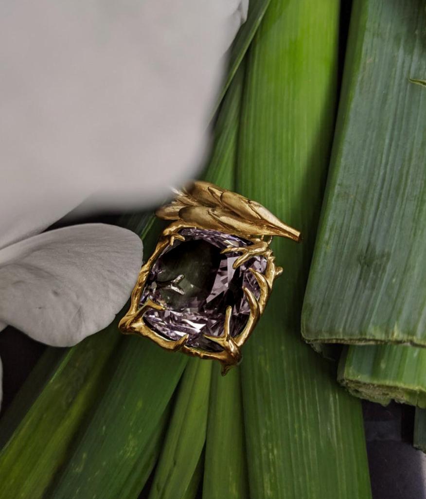 Eighteen Karat Yellow Gold Engagement Ring by Artist with Kunzite and Diamonds For Sale 5