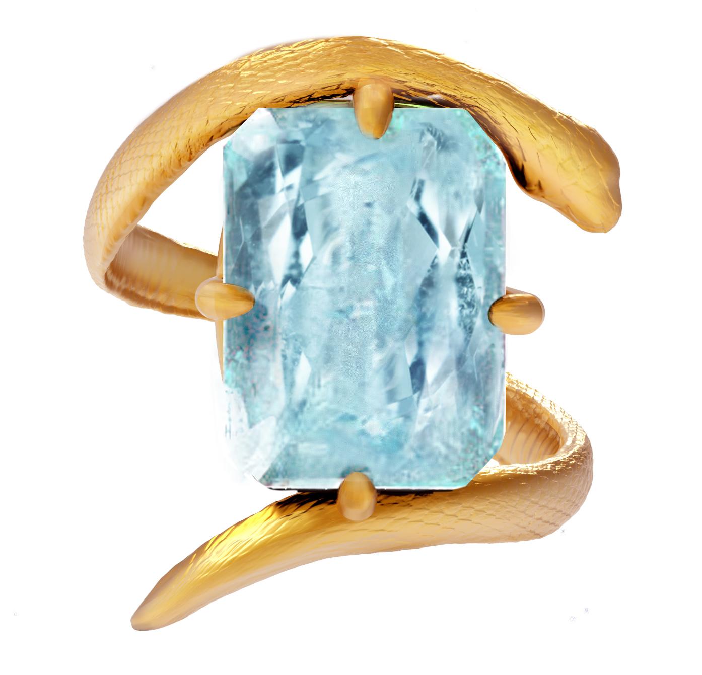 Contemporary Eighteen Karat Yellow Gold Serpent Ring with Blue Topaz For Sale