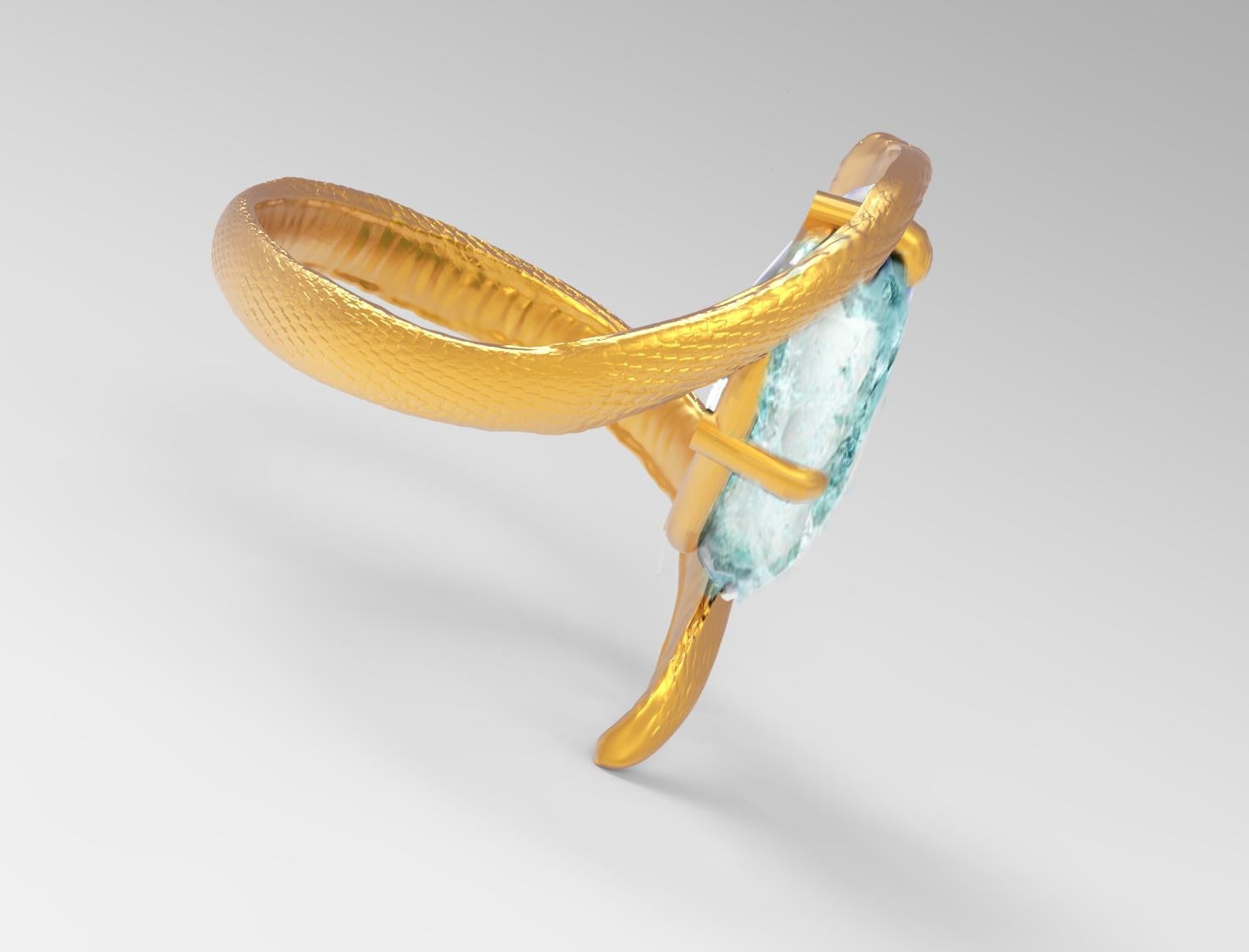Eighteen Karat Yellow Gold Serpent Ring with Blue Topaz For Sale 2