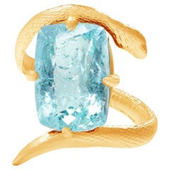 Eighteen Karat Yellow Gold Serpent Ring with Blue Topaz