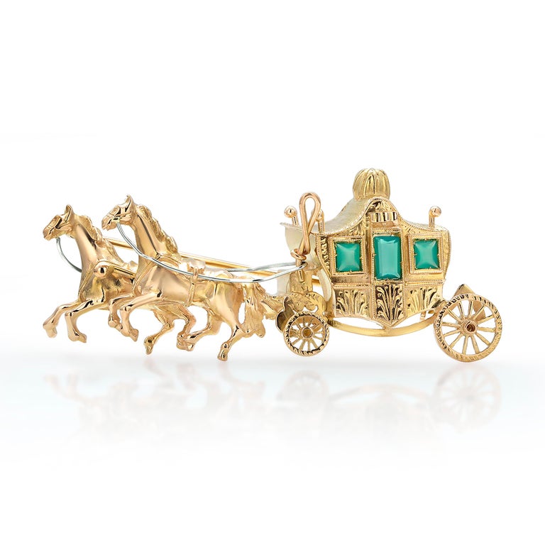 Mixed Cut Eighteen Karat Yellow Gold Horse Drawn Carriage Brooch Three Green faceted Gems For Sale