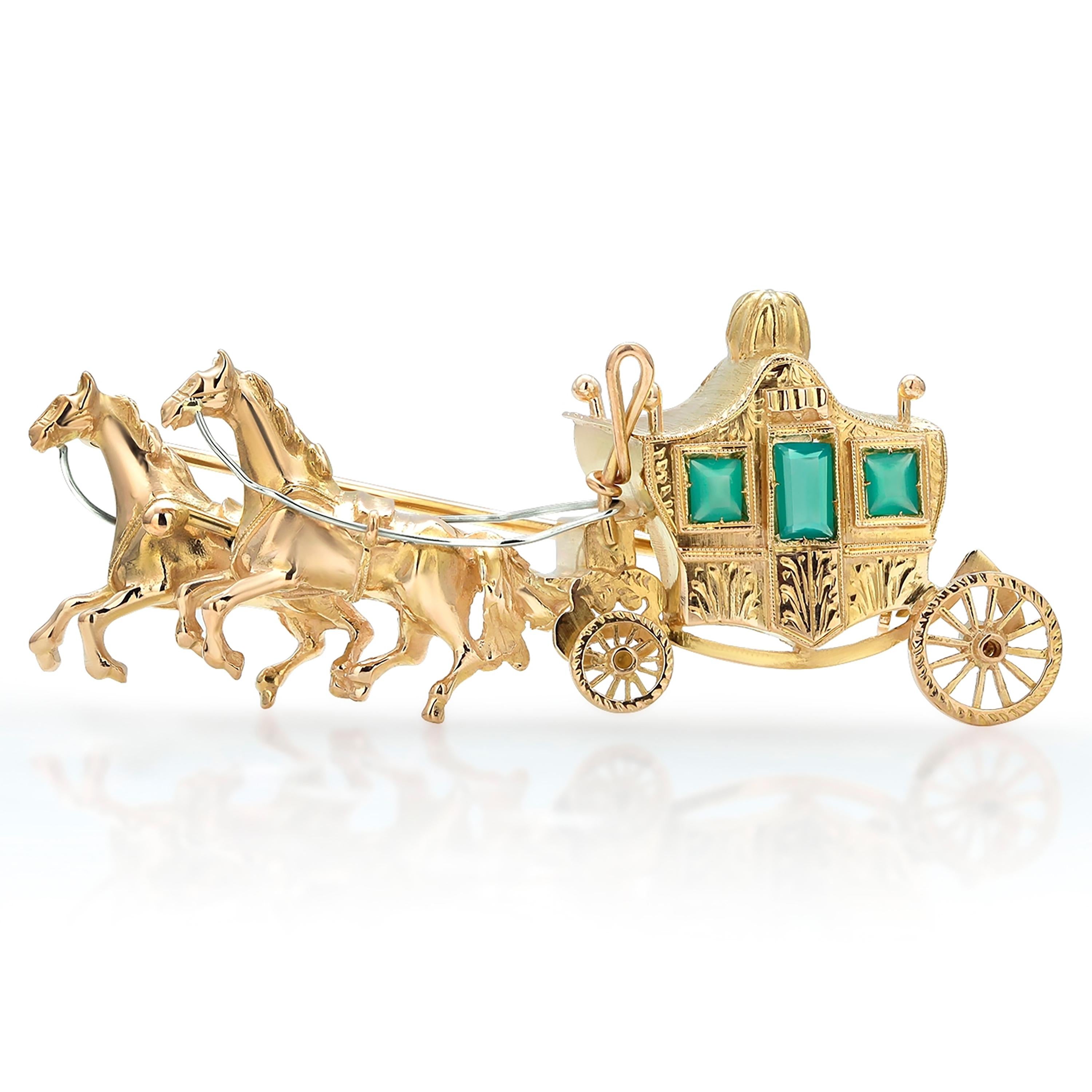 Romantic Eighteen Karat Yellow Gold Horse Drawn Carriage Brooch Three Green faceted Gems