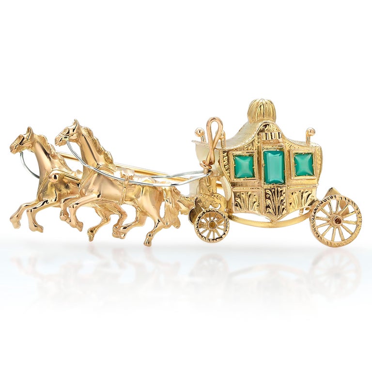 Women's or Men's Eighteen Karat Yellow Gold Horse Drawn Carriage Brooch Three Green faceted Gems For Sale