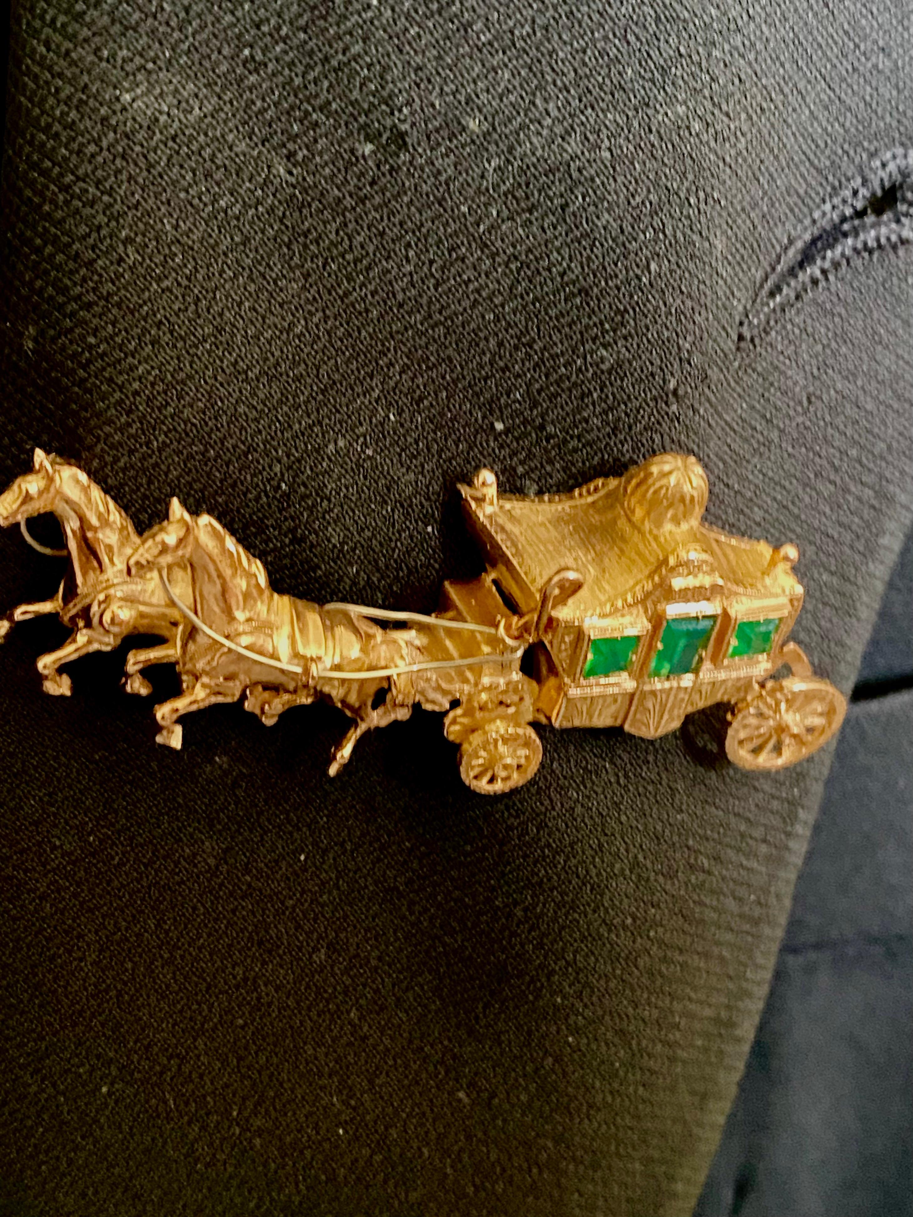 Mixed Cut Eighteen Karat Yellow Gold Horse Drawn Carriage Brooch Three Green faceted Gems