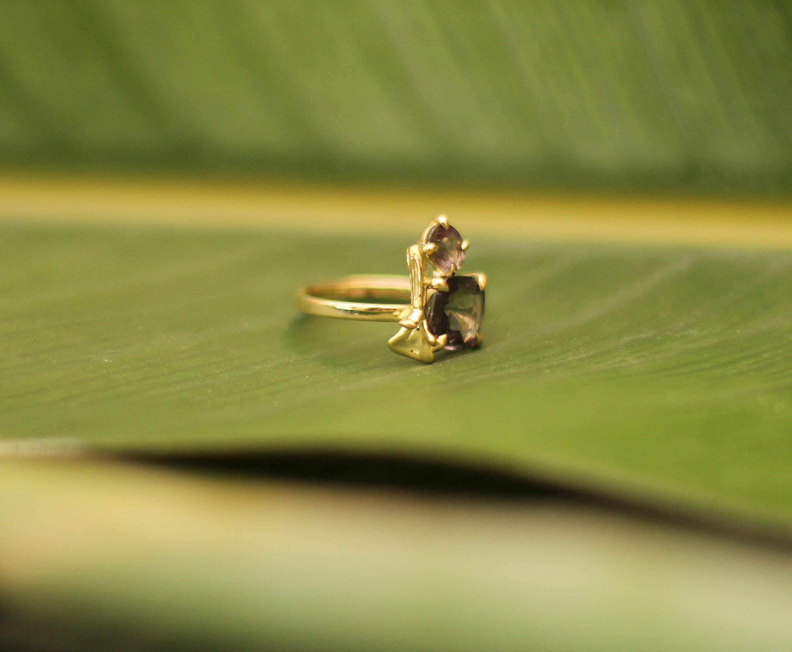 Antique Cushion Cut Eighteen Karat Yellow Gold Lavender Contemporary Ring with Amethysts For Sale