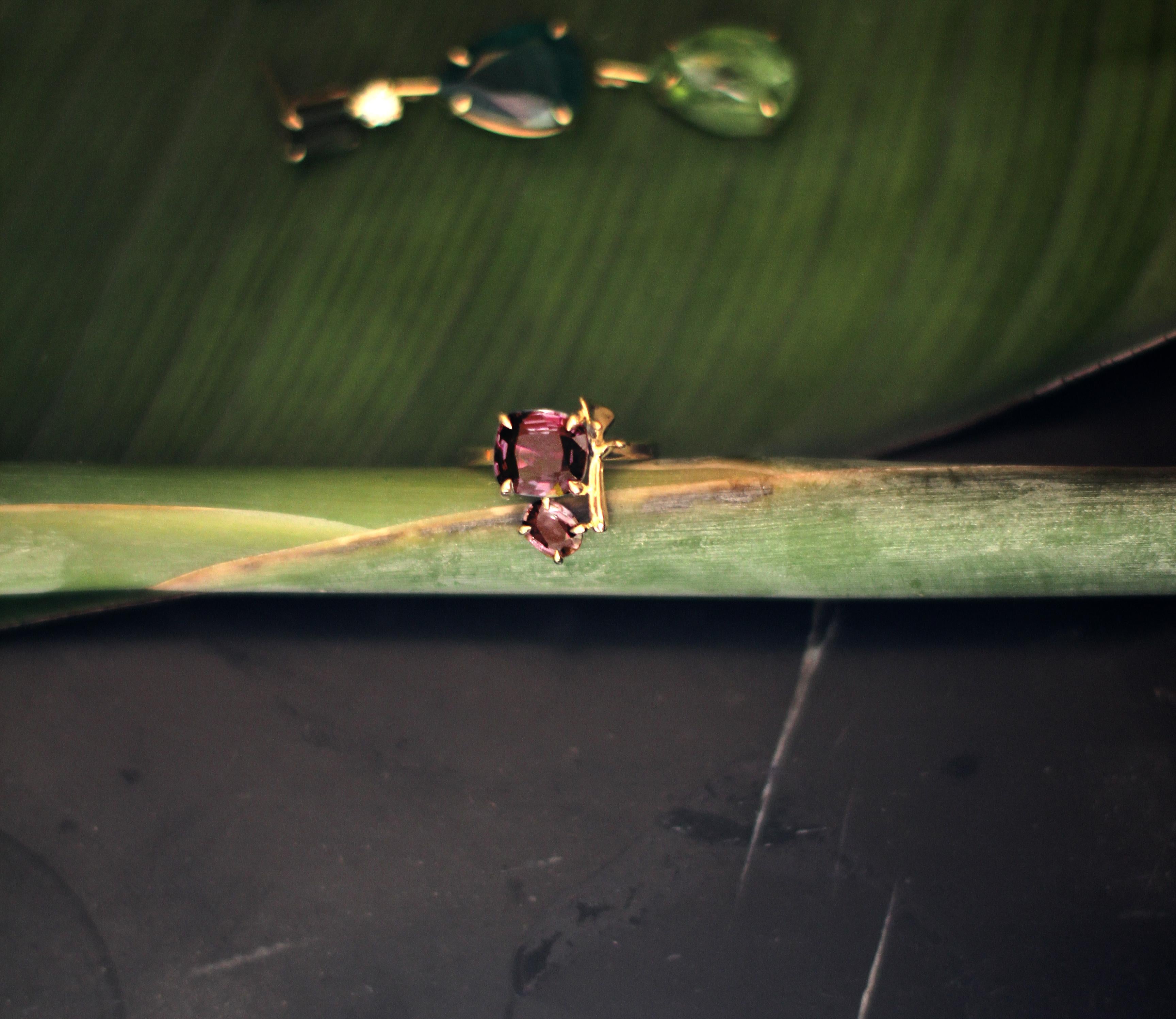 Antique Cushion Cut Eighteen Karat Yellow Gold Lavender Contemporary Ring with Tourmalines For Sale
