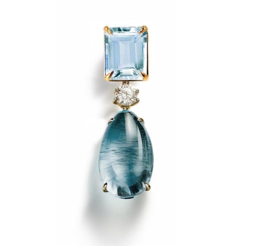 This contemporary resort colours Pendant Necklace is made of 18 karat yellow gold with cabochon beryl, topaz and round sapphire. It has a crocodile detail on the side of one gem.
We work with german gems company, that is in the market since the 19th