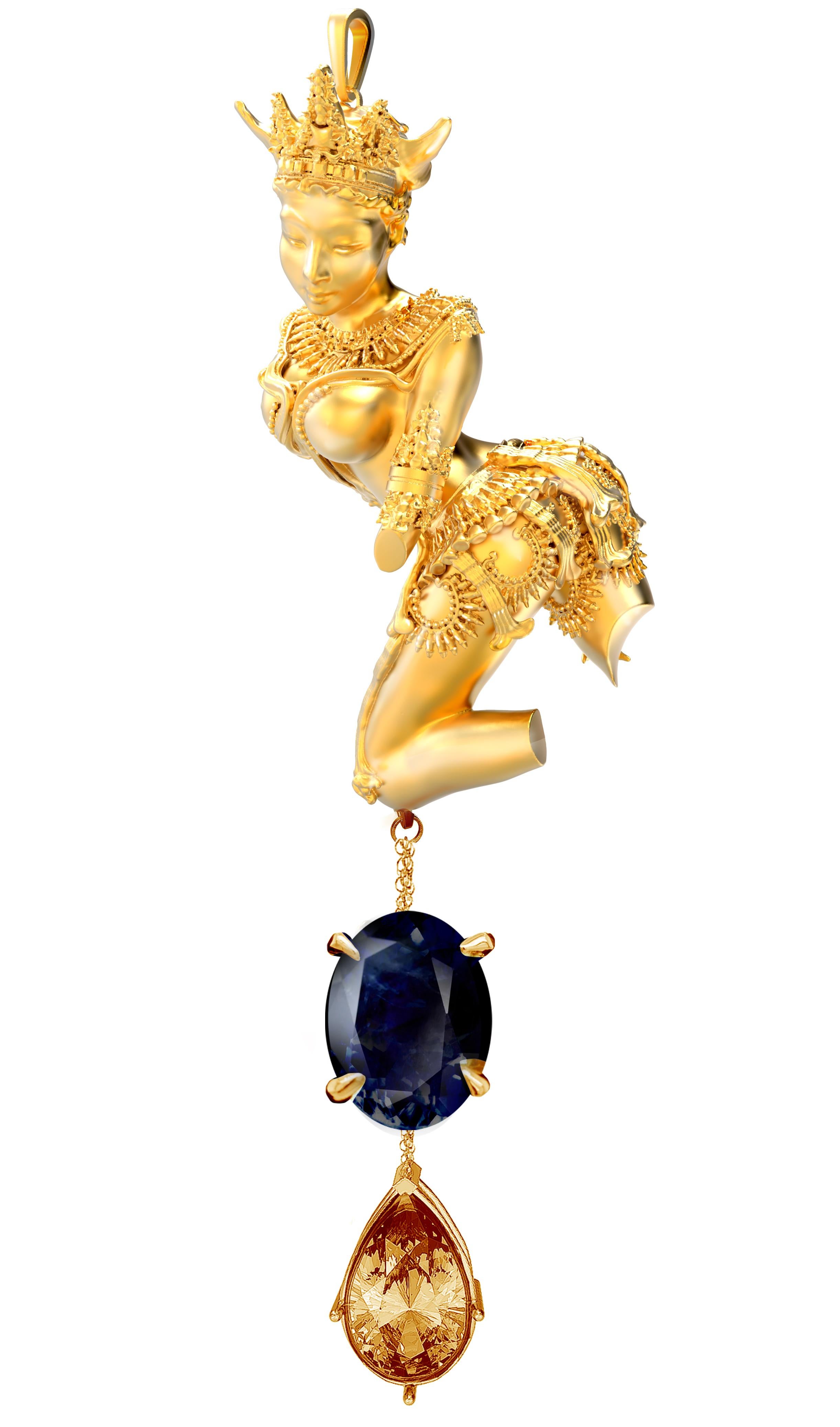 Eighteen Karat Yellow Gold Pendant Necklace with Dark Blue Sapphire and Citrine For Sale 9