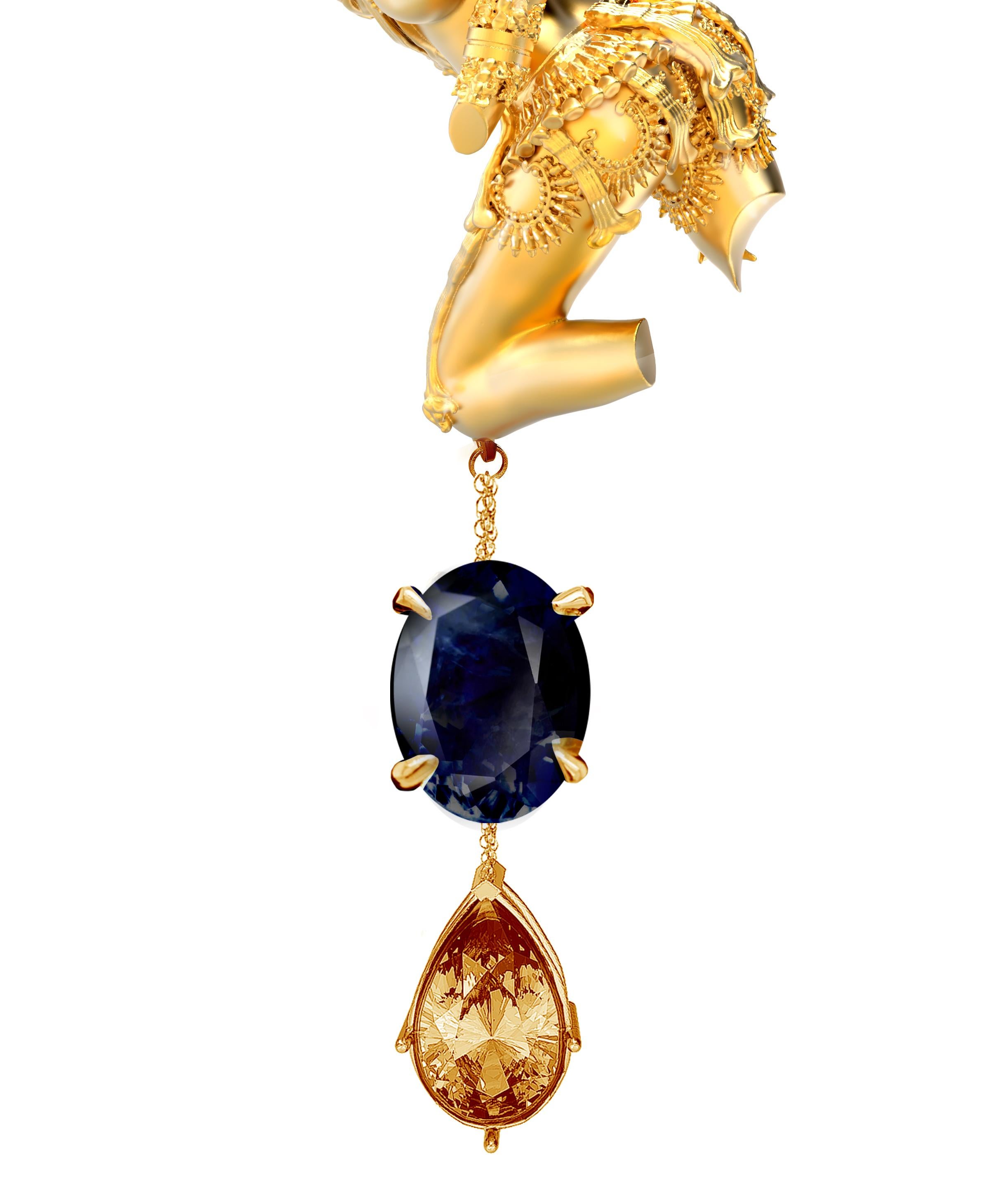 Contemporary Eighteen Karat Yellow Gold Pendant Necklace with Dark Blue Sapphire and Citrine For Sale