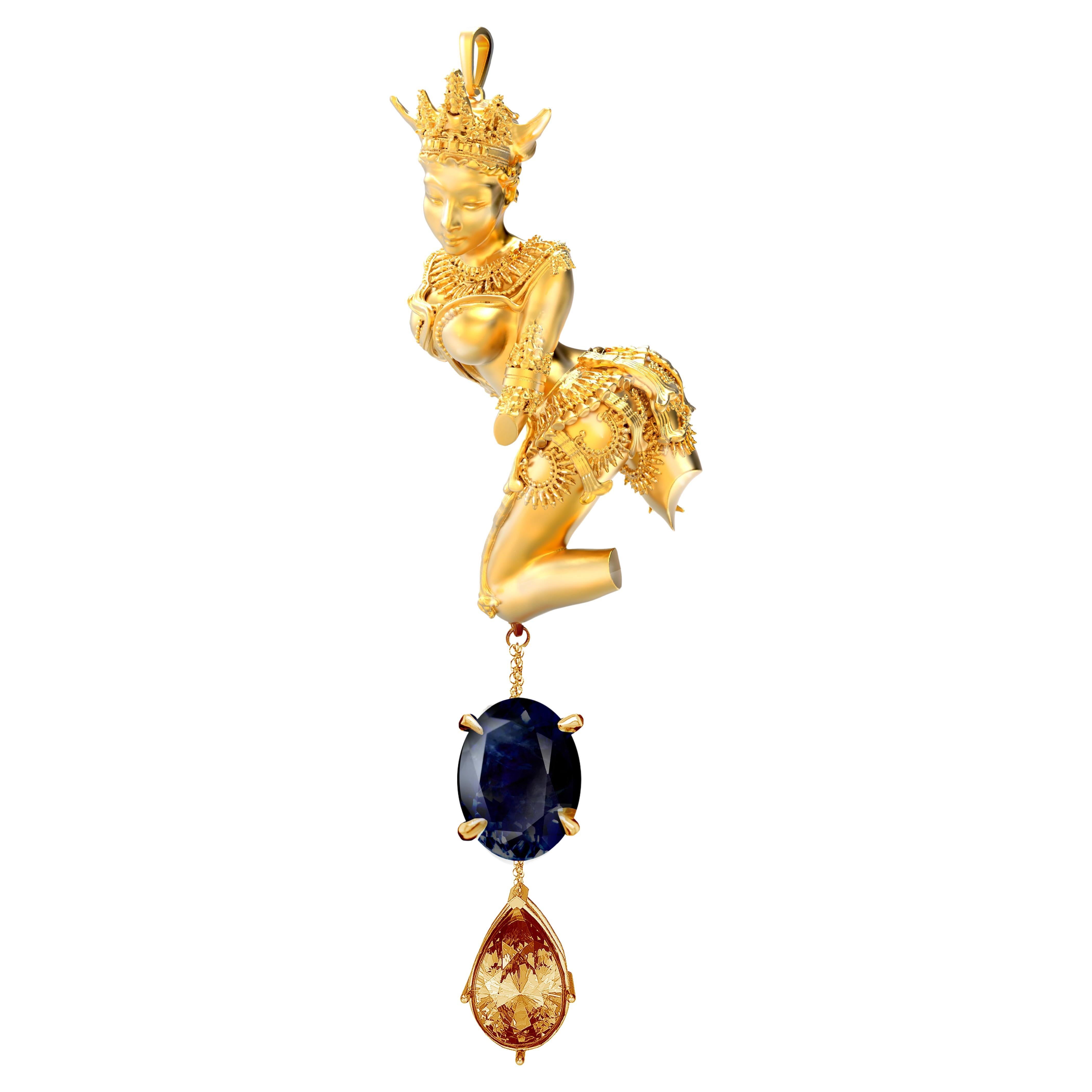 Eighteen Karat Yellow Gold Pendant Necklace with Dark Blue Sapphire and Citrine For Sale
