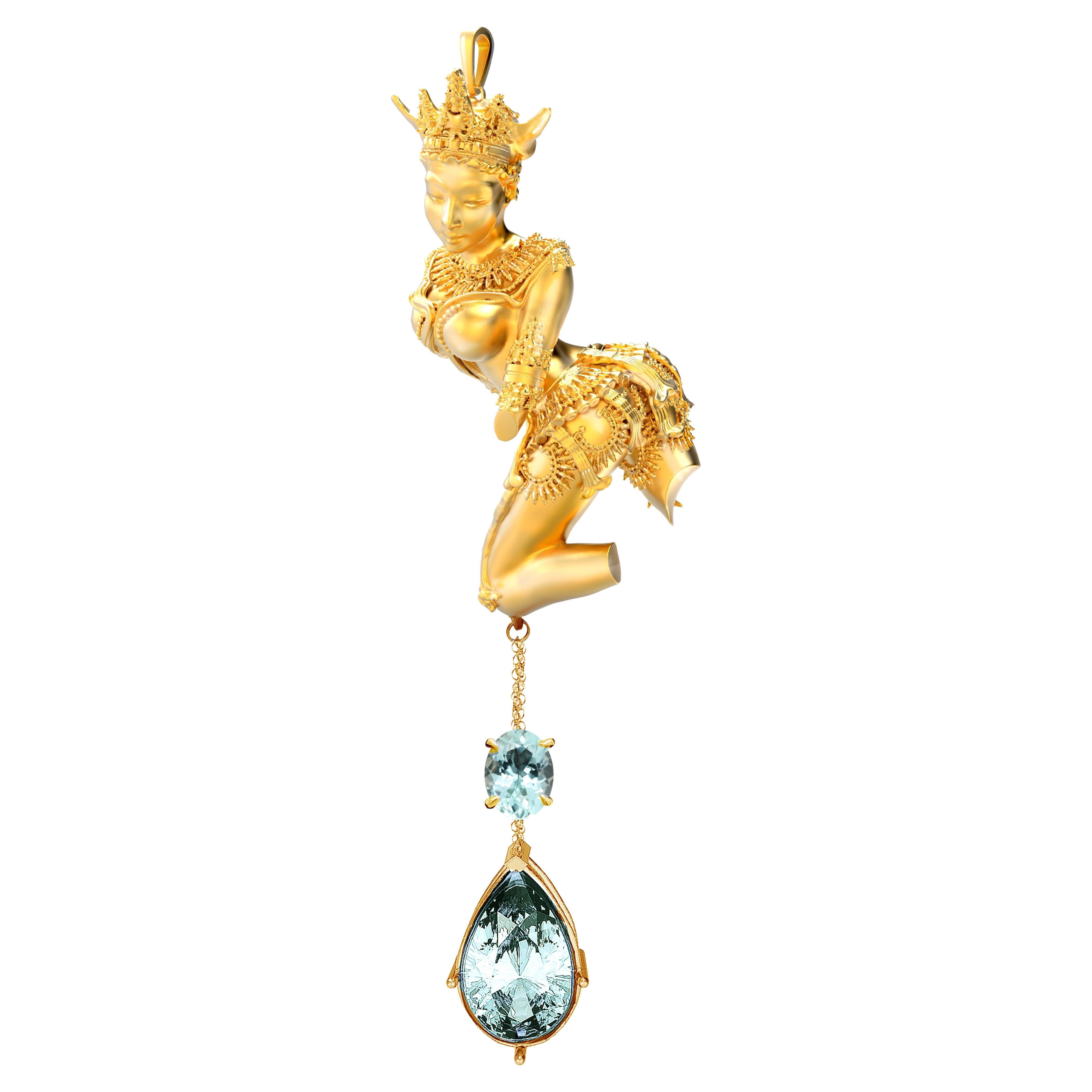 Eighteen Karat Yellow Gold Pendant Necklace with Paraiba Tourmaline  For Sale