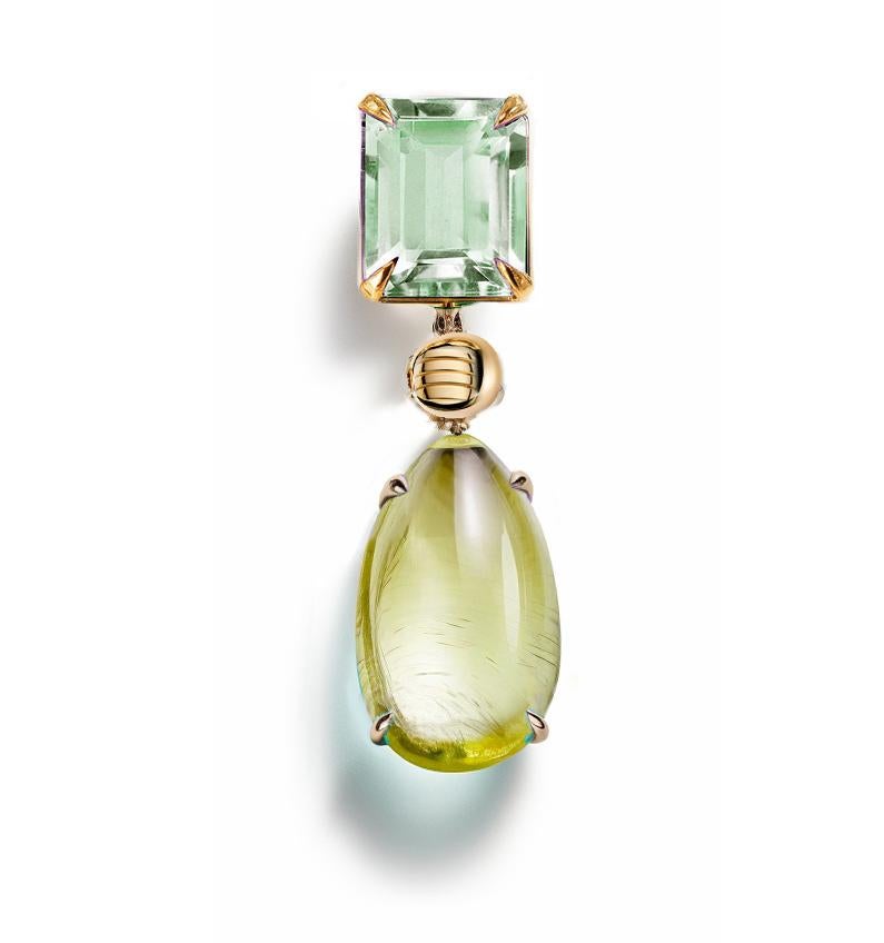 Cabochon Eighteen Karat Yellow Gold Pendant Necklace with Peridot and Prasiolite For Sale