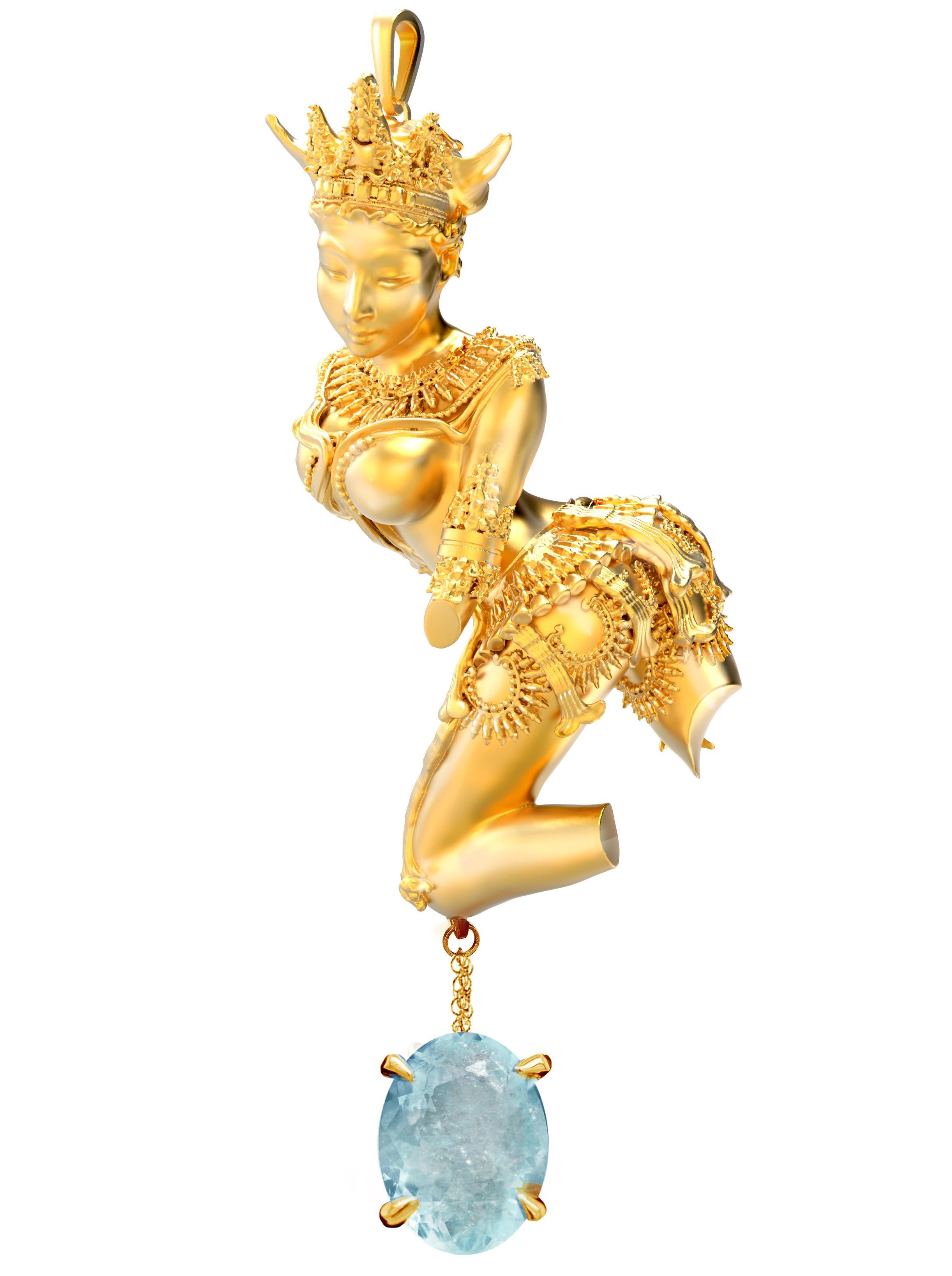 Eighteen Karat Yellow Gold Sculptural Pendant Necklace with Paraiba Tourmaline  For Sale 11