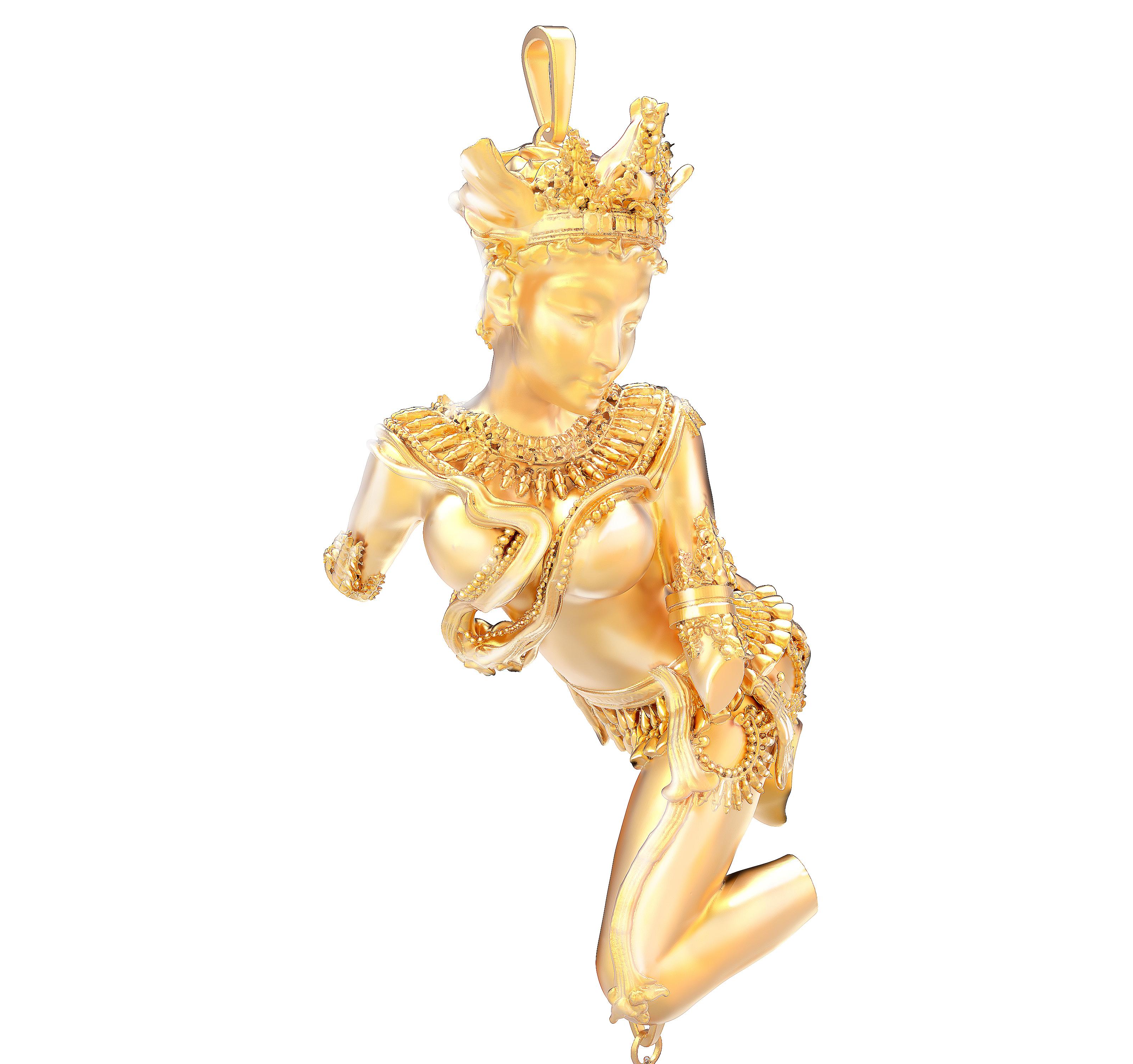 Diese Halskette mit Anhänger der himmlischen Tänzerin Devata besteht aus 18 Karat Gelbgold mit einem oval geschliffenen Neonkupfer, das einen Paraiba-Turmalin mit Wasserbecken trägt (2,4 Karat, visuell größer). Das Gewicht des Goldes beträgt etwa 30