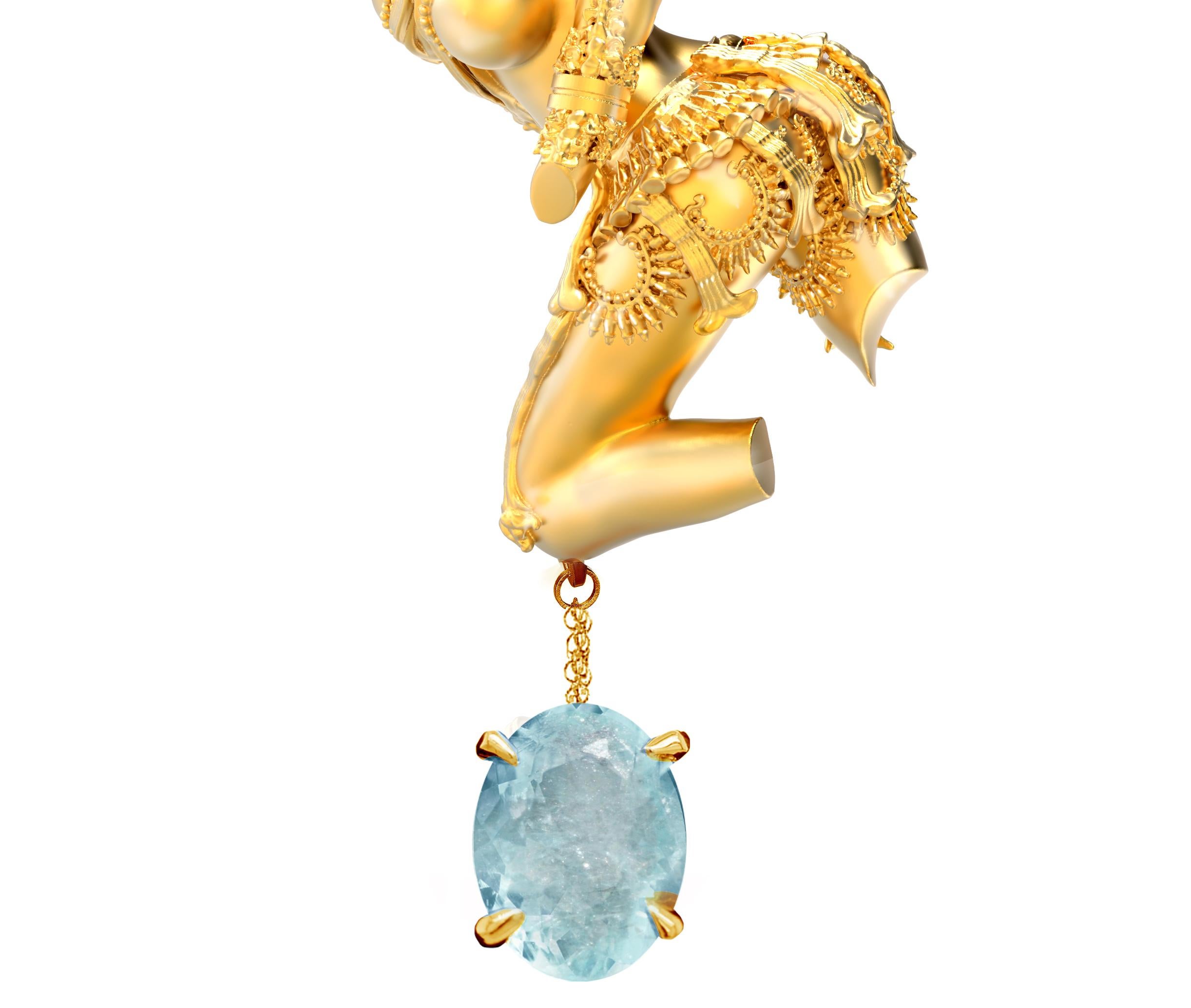 Contemporary Eighteen Karat Yellow Gold Sculptural Pendant Necklace with Paraiba Tourmaline  For Sale