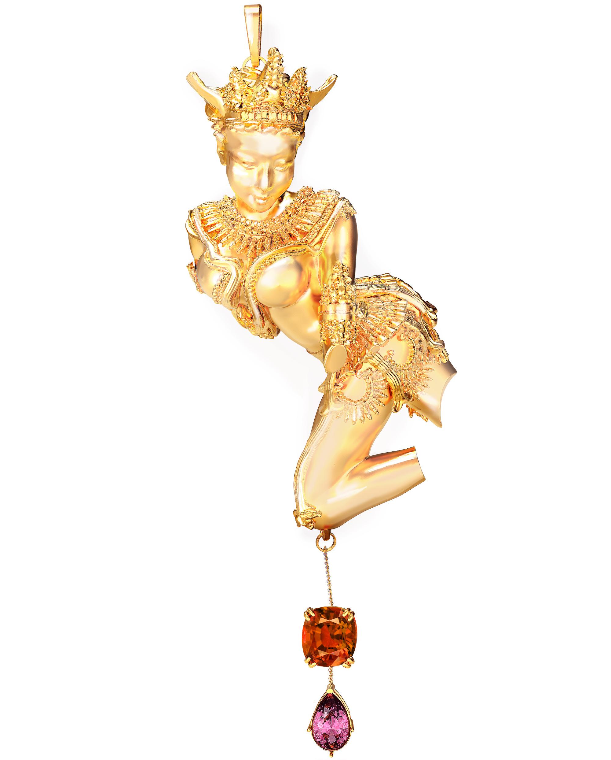 Achtzehn Karat Gelbgold Skulpturaler Anhänger Halskette mit Paraiba-Turmalin  im Angebot 1
