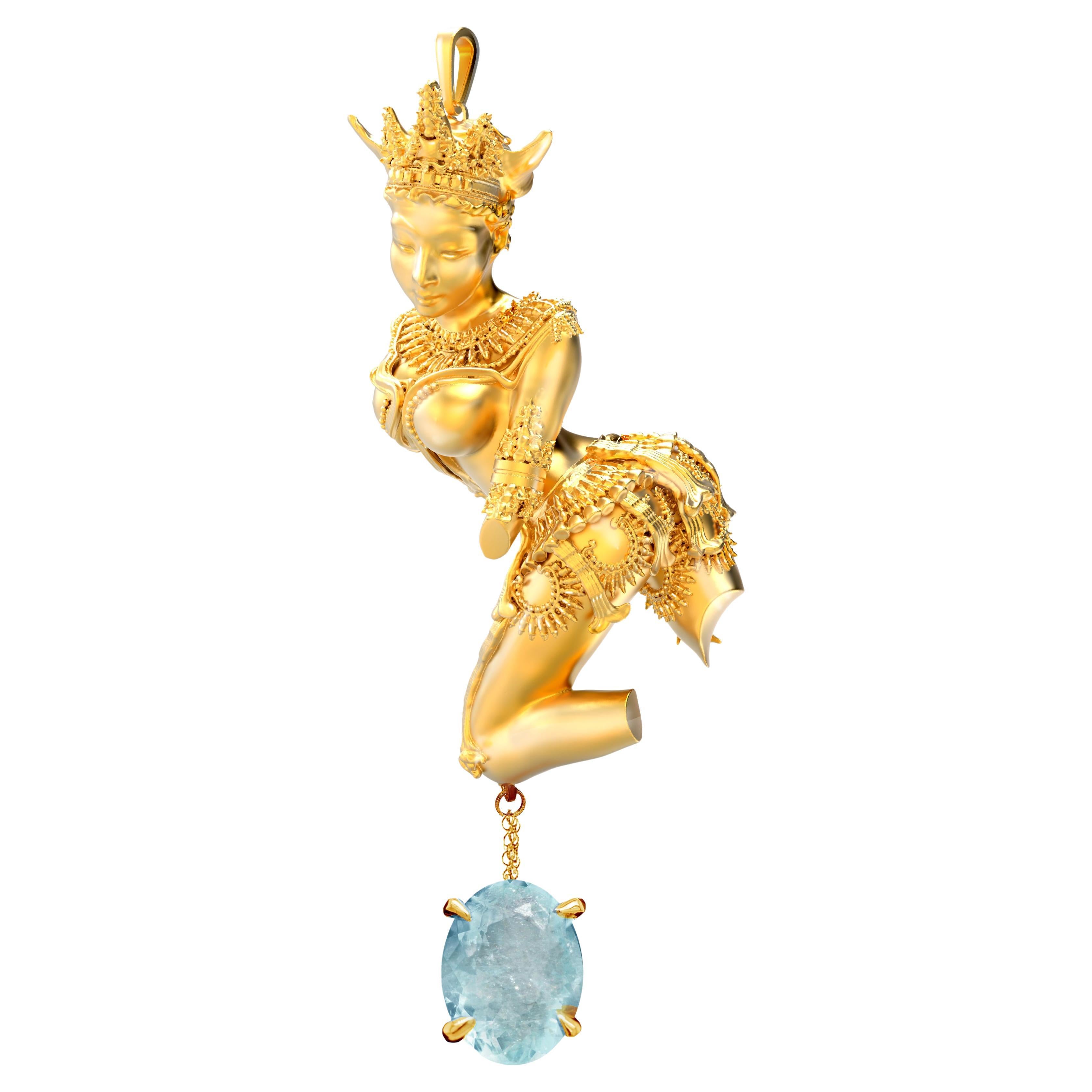 Eighteen Karat Yellow Gold Sculptural Pendant Necklace with Paraiba Tourmaline  For Sale
