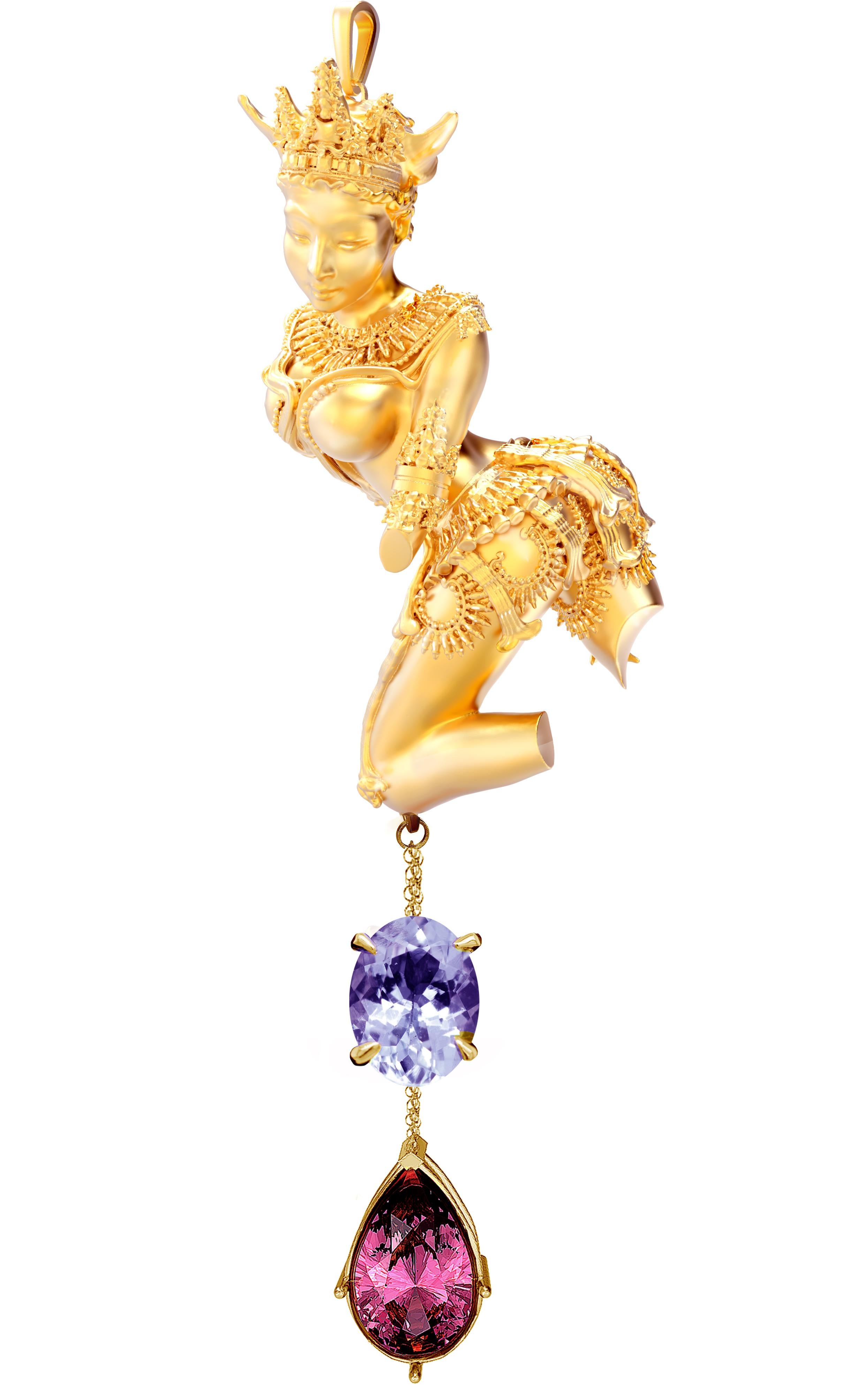 Women's or Men's Eighteen Karat Yellow Gold Sculpture Pendant Necklace with Oval Cut Tanzanite For Sale