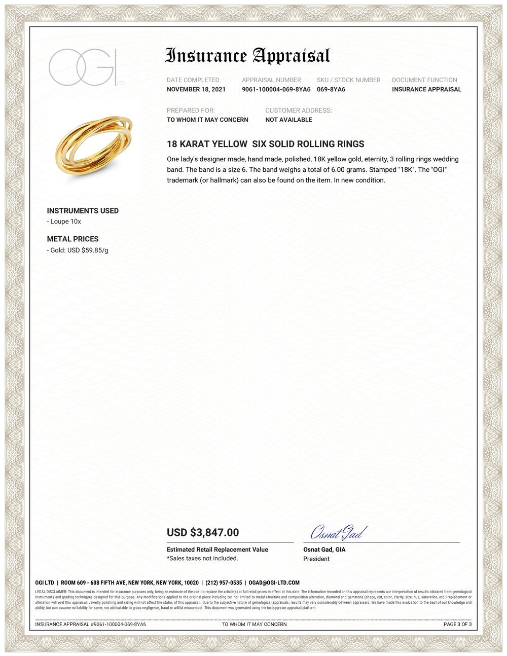 Eighteen karat yellow gold six rolling ring
Each band measures 1.5 millimeter
Ring size 6
Width of band 6 millimeters
Comfort fit
Handmade in the USA
Six die striking process bands, a process that utilizes an enormous amount of pressure to form