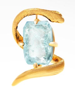 Eighteen Karat Yellow Gold Snake Brooch with Blue Topaz
