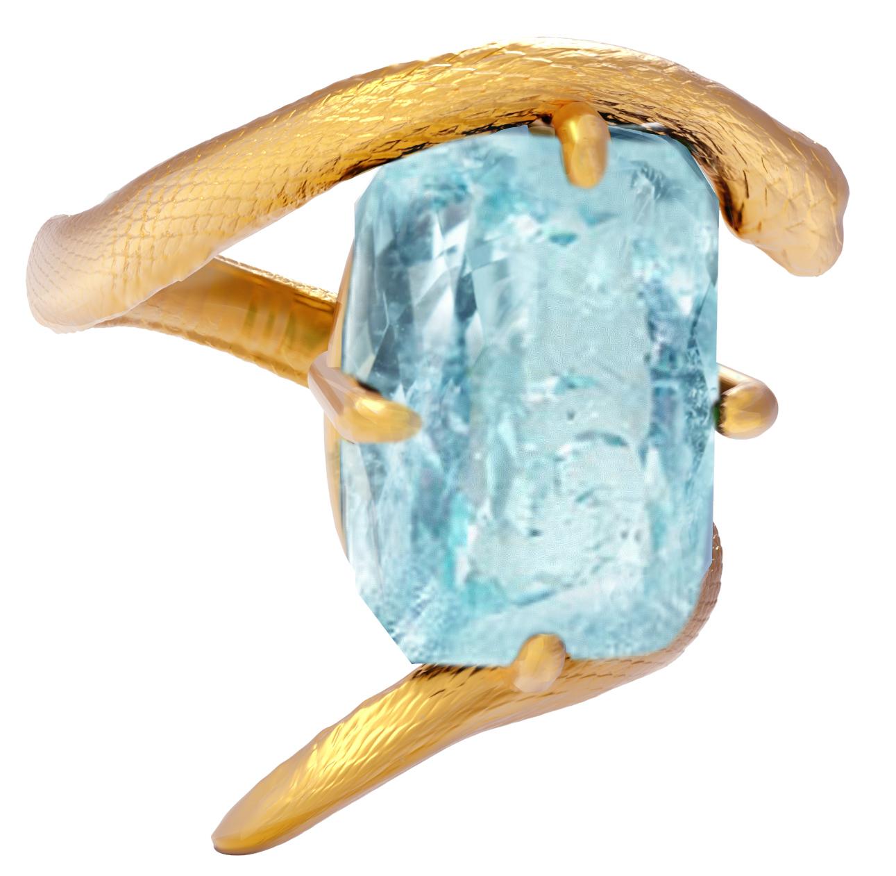 Eighteen Karat Yellow Gold Snake Brooch with Blue Topaz (Kissenschliff) im Angebot